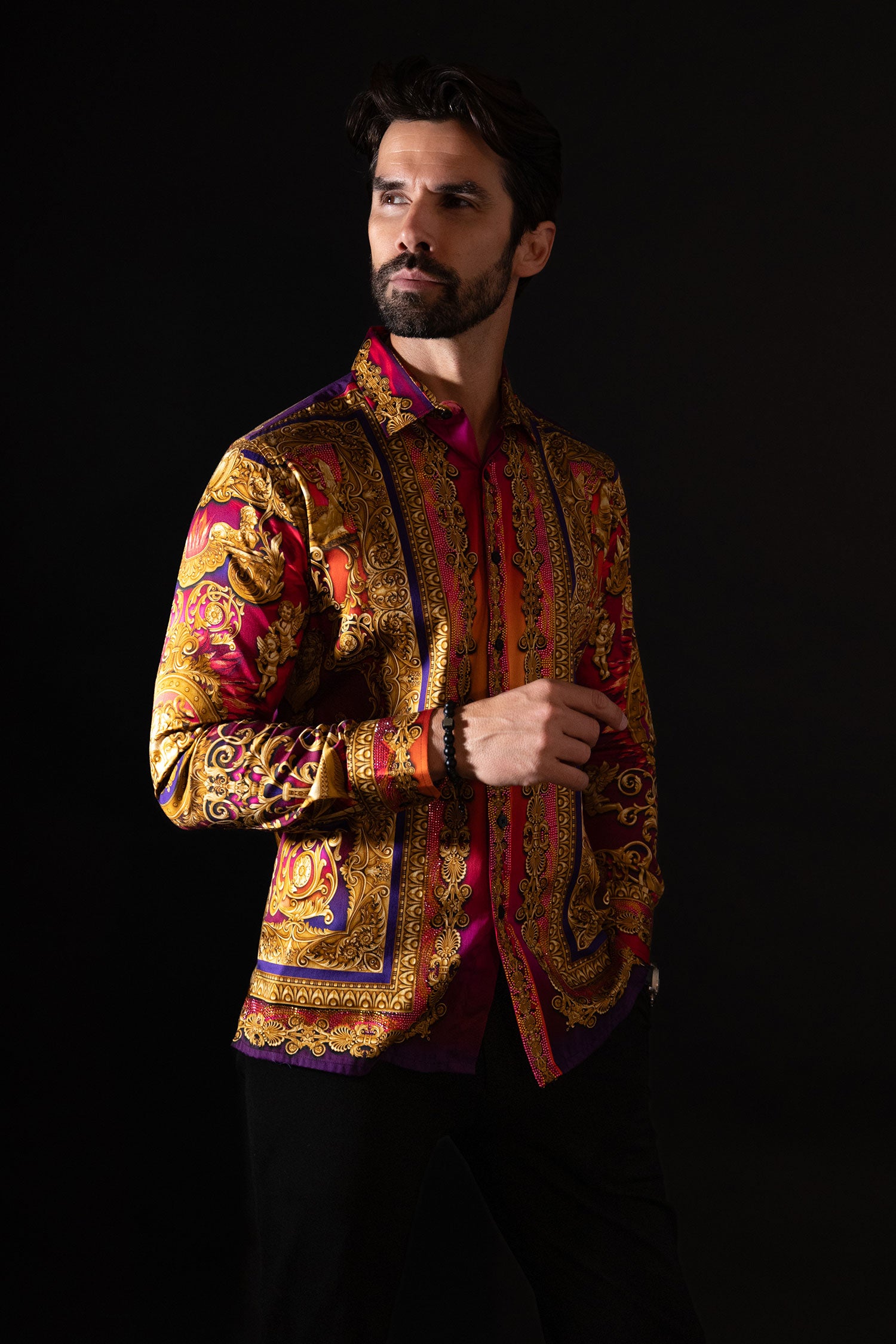 BARABAS Men's Rhinestone Floral Medusa Long Sleeve Shirts 3SPR401 plum