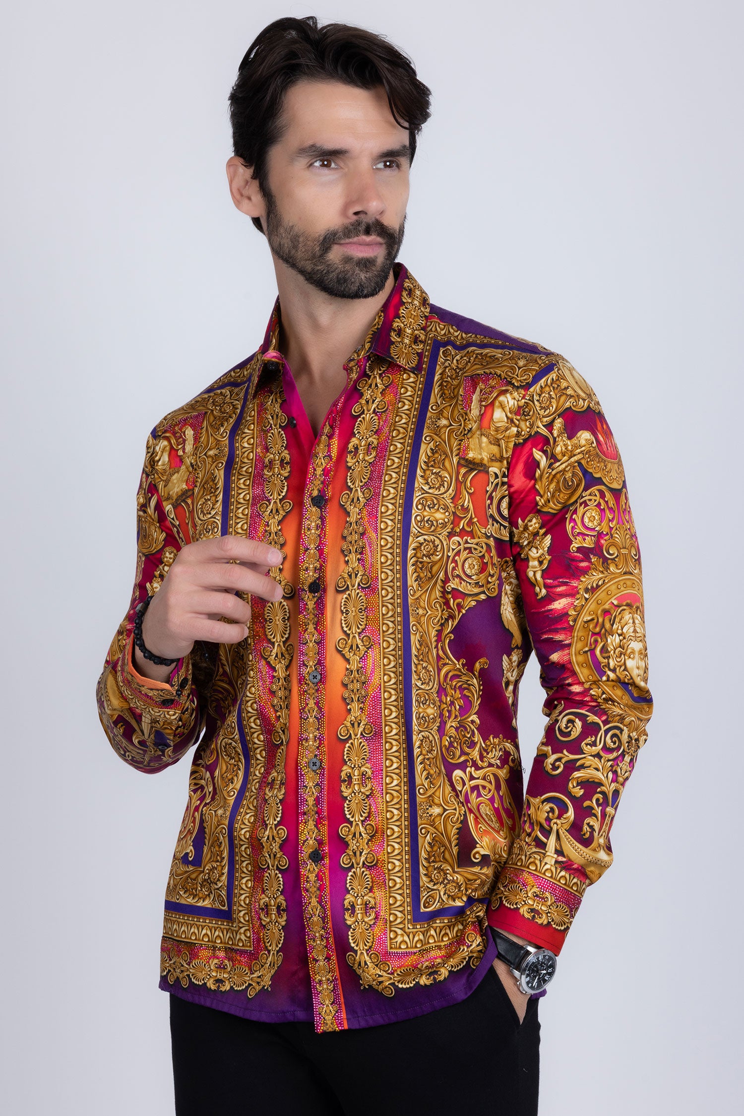BARABAS Men's Rhinestone Floral Medusa Long Sleeve Shirts 3SPR401 plum