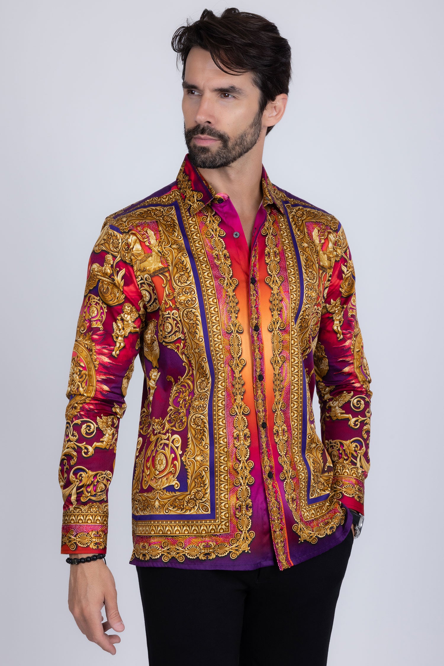 BARABAS Men's Rhinestone Floral Medusa Long Sleeve Shirts 3SPR401 plum