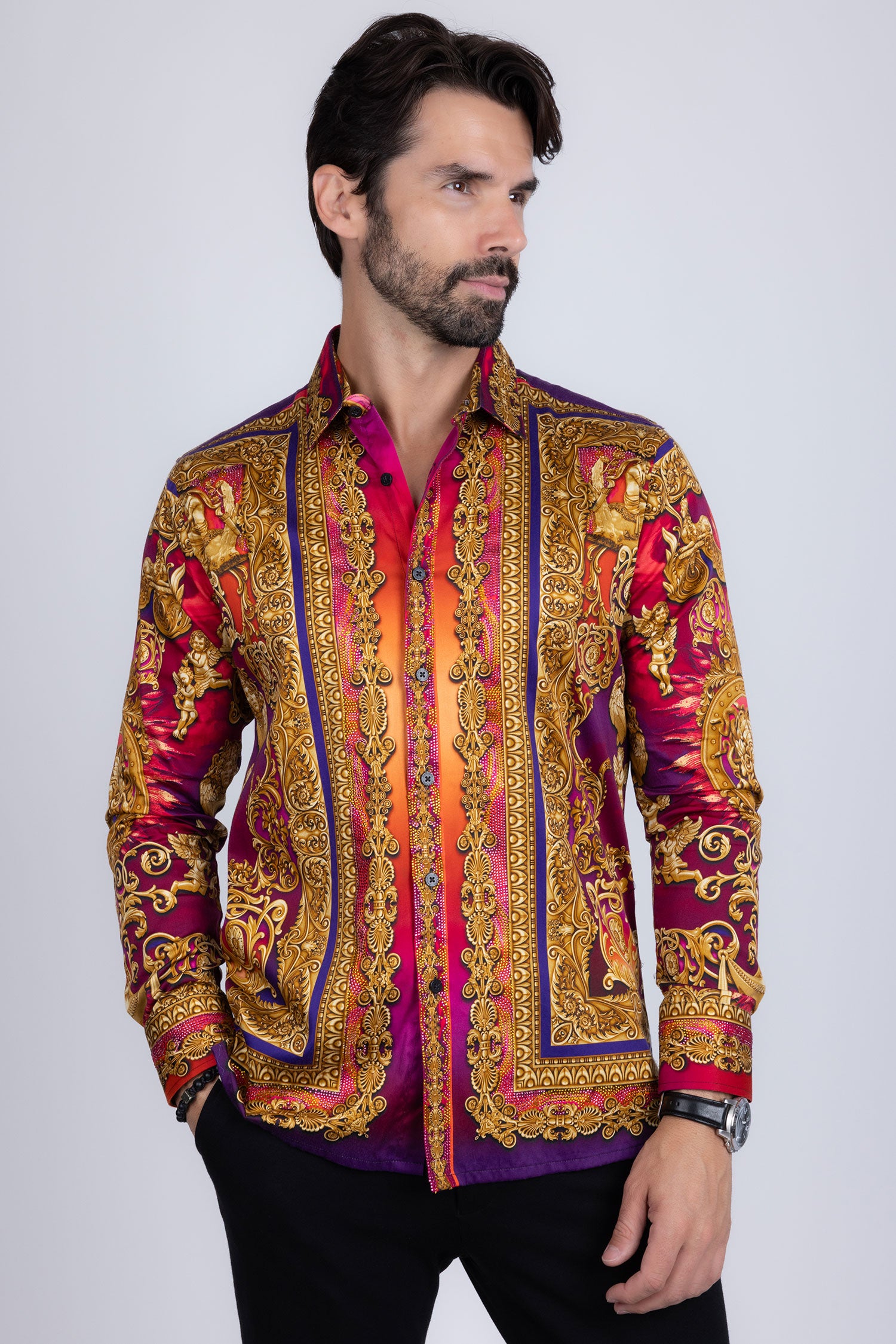 BARABAS Men's Rhinestone Floral Medusa Long Sleeve Shirts 3SPR401 plum