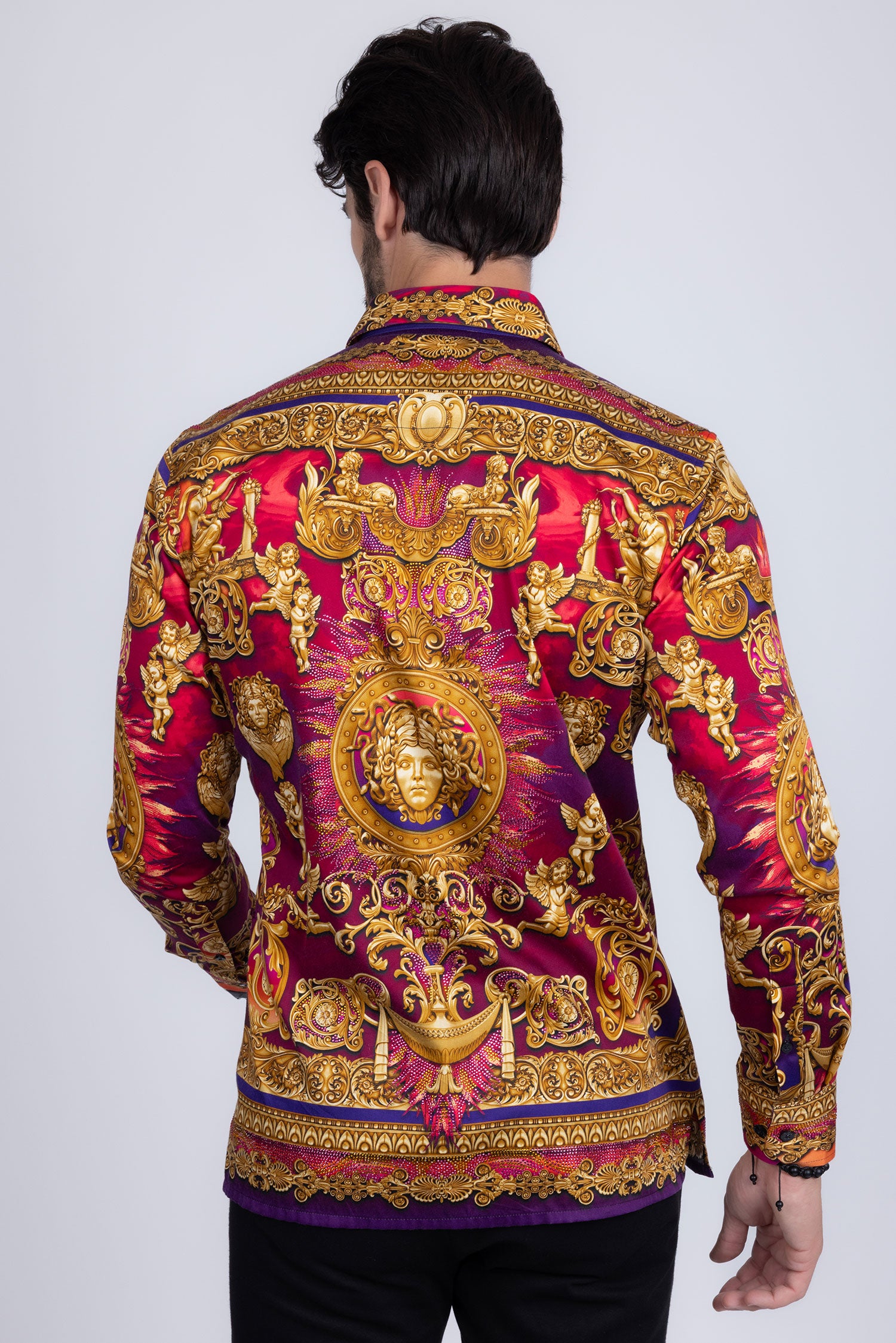 BARABAS Men's Rhinestone Floral Medusa Long Sleeve Shirts 3SPR401 plum