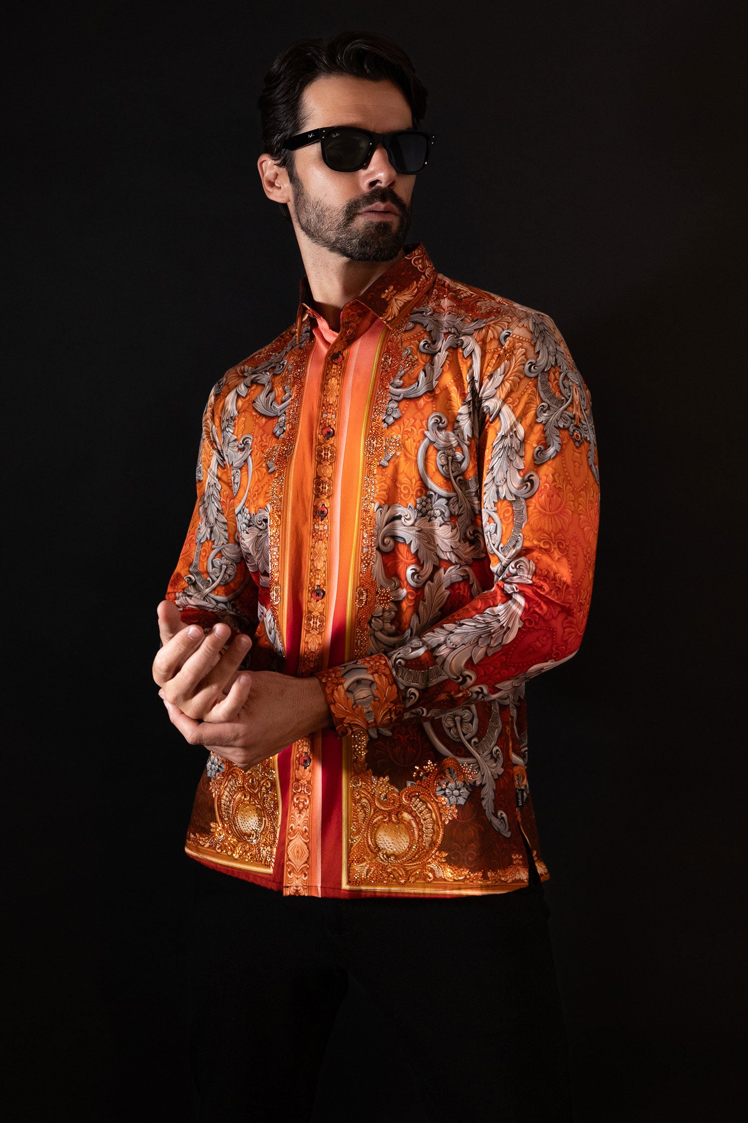 BARABAS Men's Rhinestone Baroque Long Sleeve Shirts 3SPR402 Coral