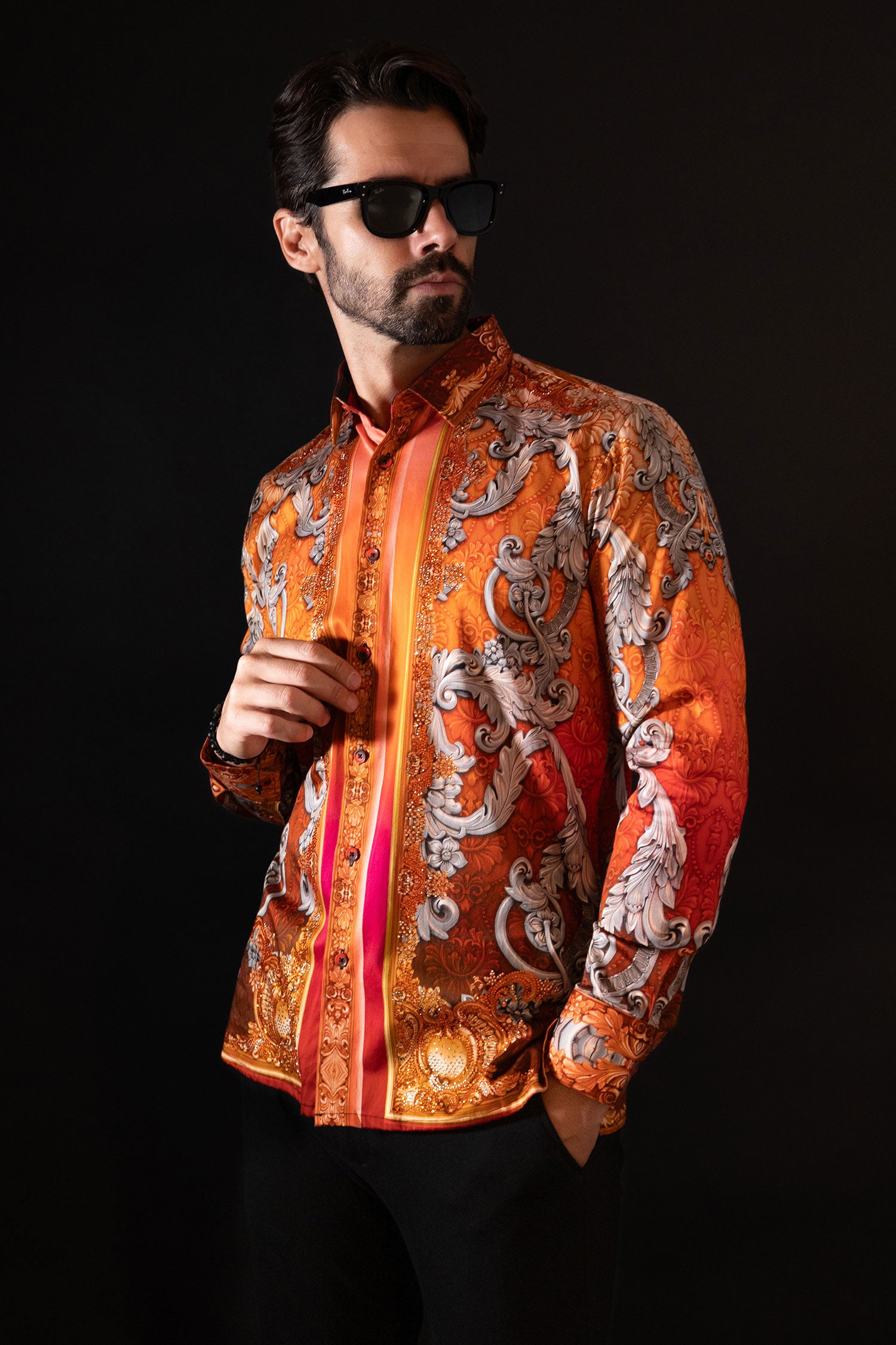BARABAS Men's Rhinestone Baroque Long Sleeve Shirts 3SPR402 Coral