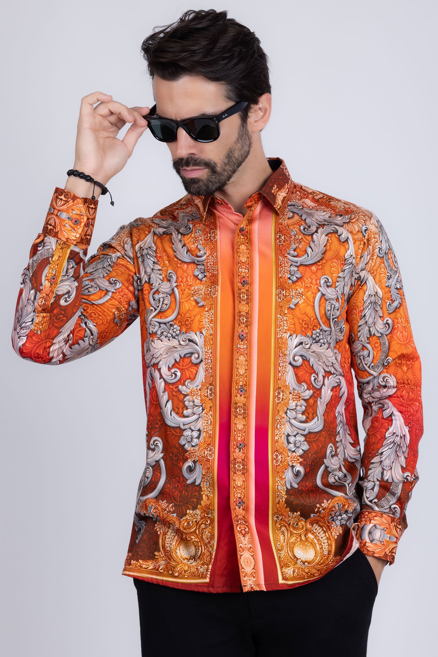 BARABAS Men's Rhinestone Baroque Long Sleeve Shirts 3SPR402 Coral