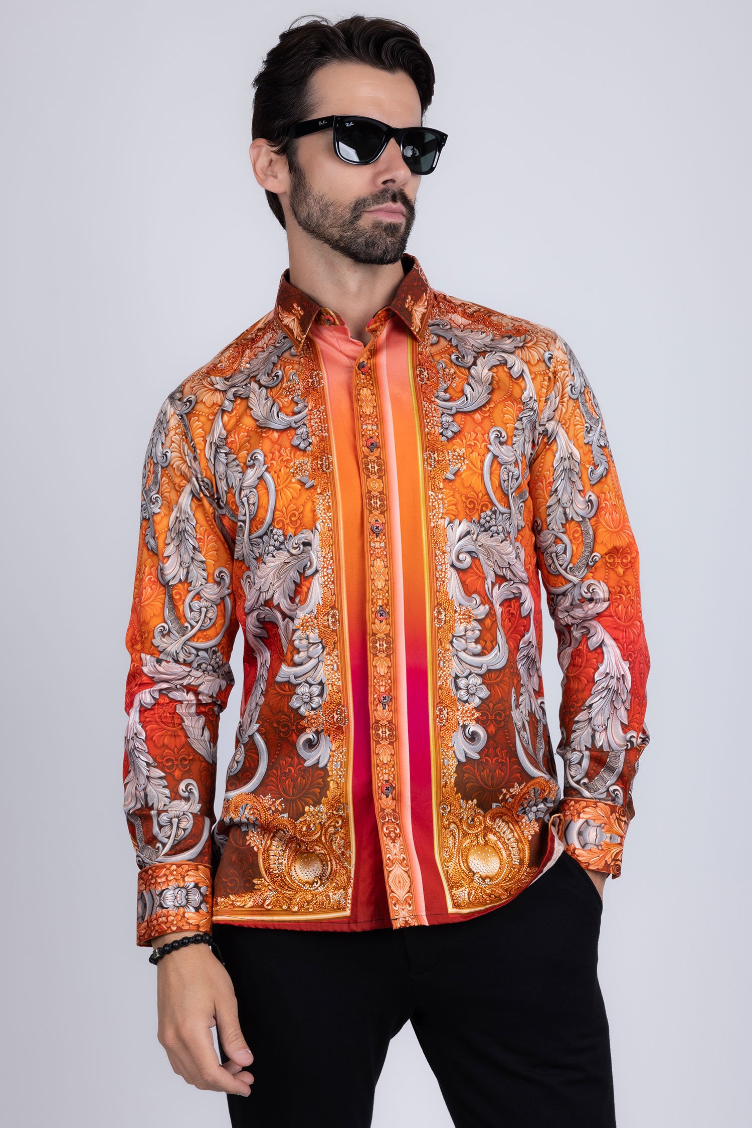 BARABAS Men's Rhinestone Baroque Long Sleeve Shirts 3SPR402 Coral