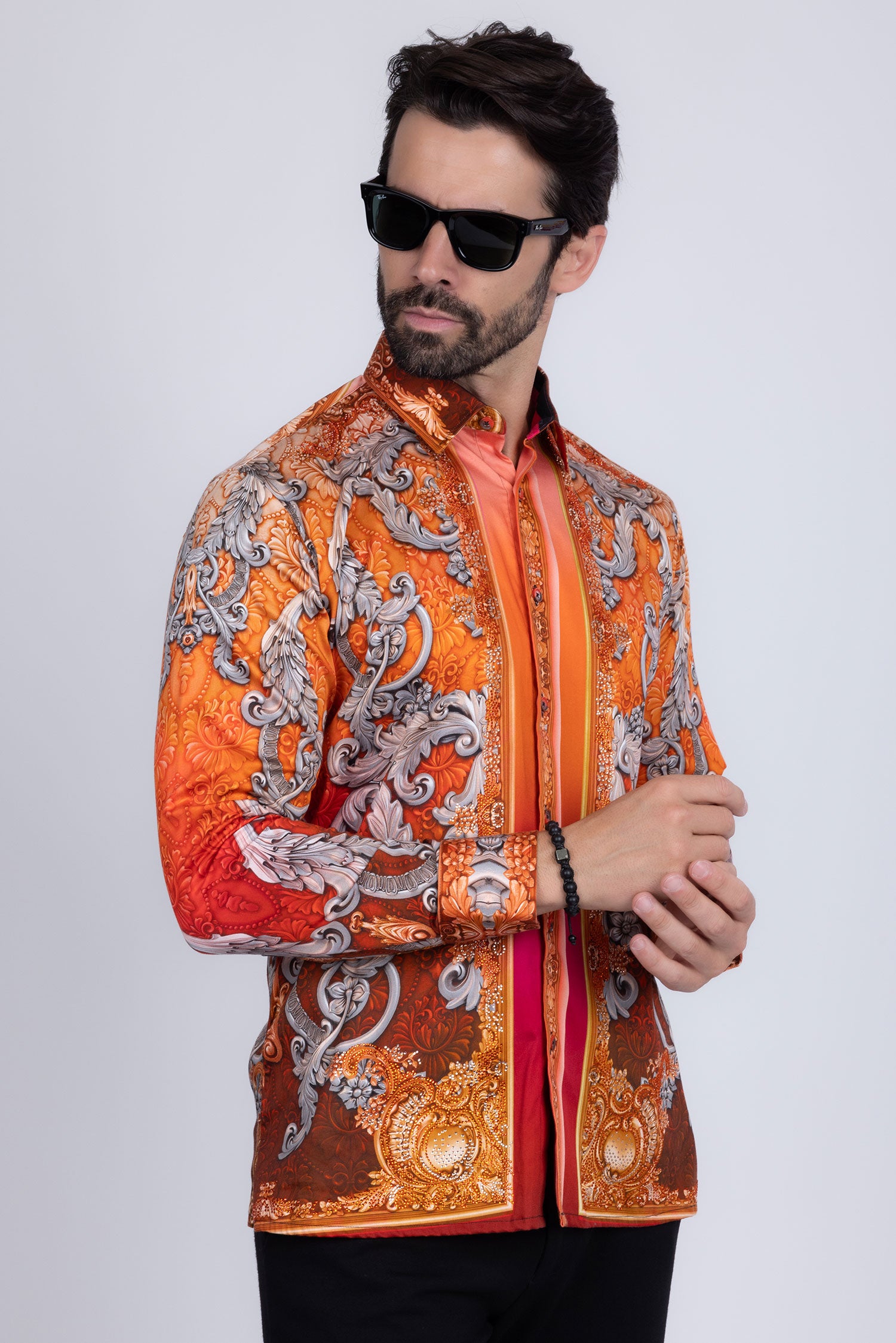 BARABAS Men's Rhinestone Baroque Long Sleeve Shirts 3SPR402 Coral