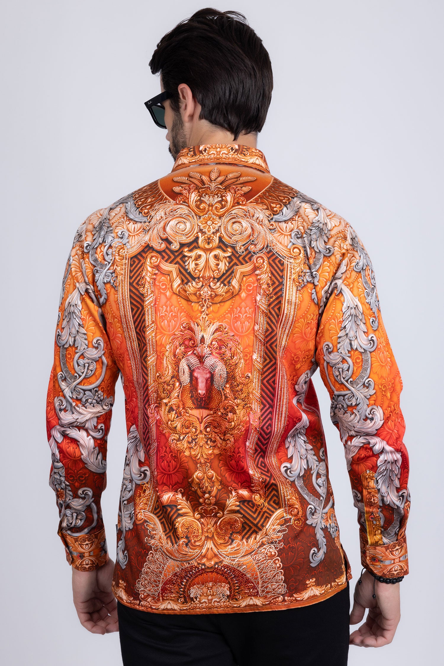 BARABAS Men's Rhinestone Baroque Long Sleeve Shirts 3SPR402 Coral