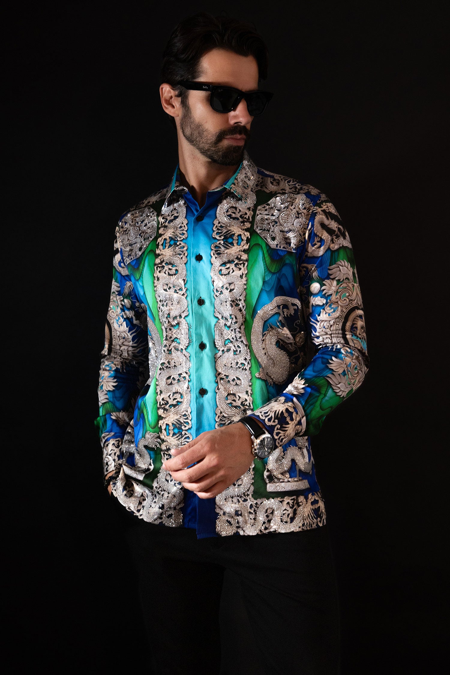BARABAS Men's Floral Dragon Rhinestone Long Sleeve Shirts 3SPR405 Blue