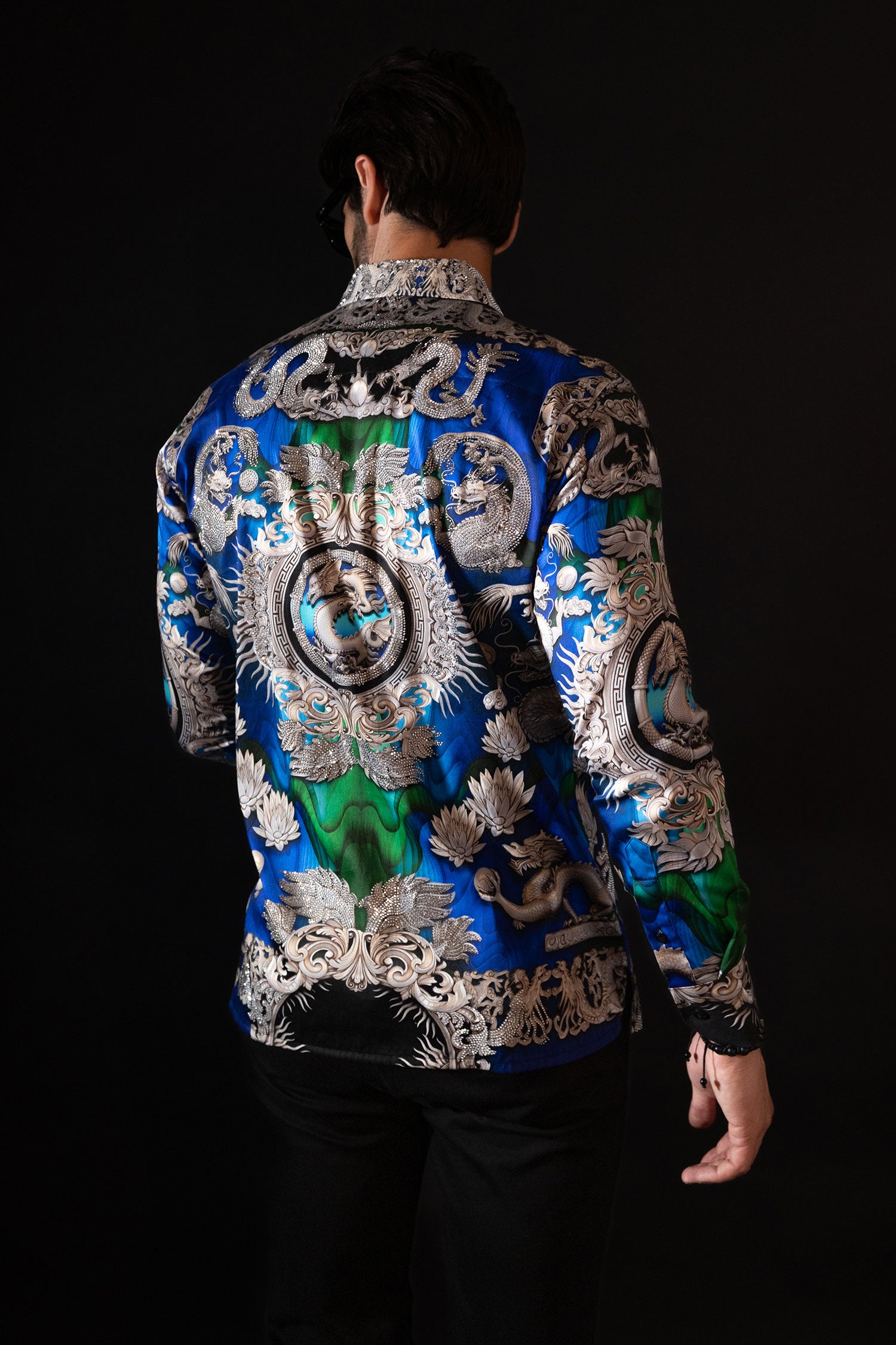 BARABAS Men's Floral Dragon Rhinestone Long Sleeve Shirts 3SPR405 Blue