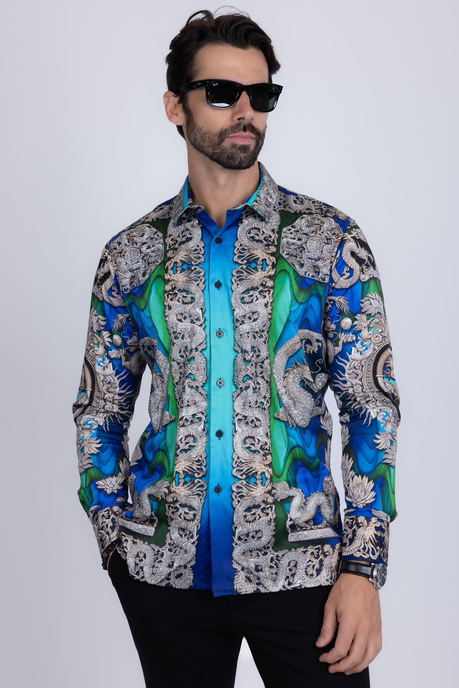 BARABAS Men's Floral Dragon Rhinestone Long Sleeve Shirts 3SPR405 Blue