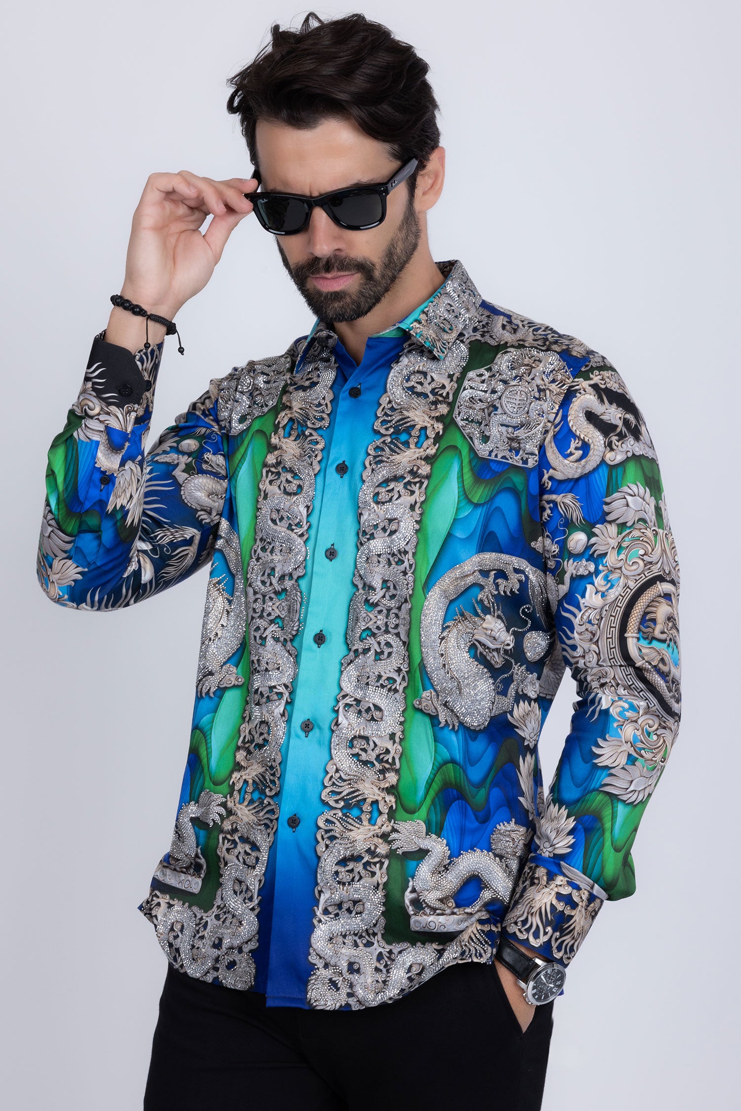 BARABAS Men's Floral Dragon Rhinestone Long Sleeve Shirts 3SPR405 Blue