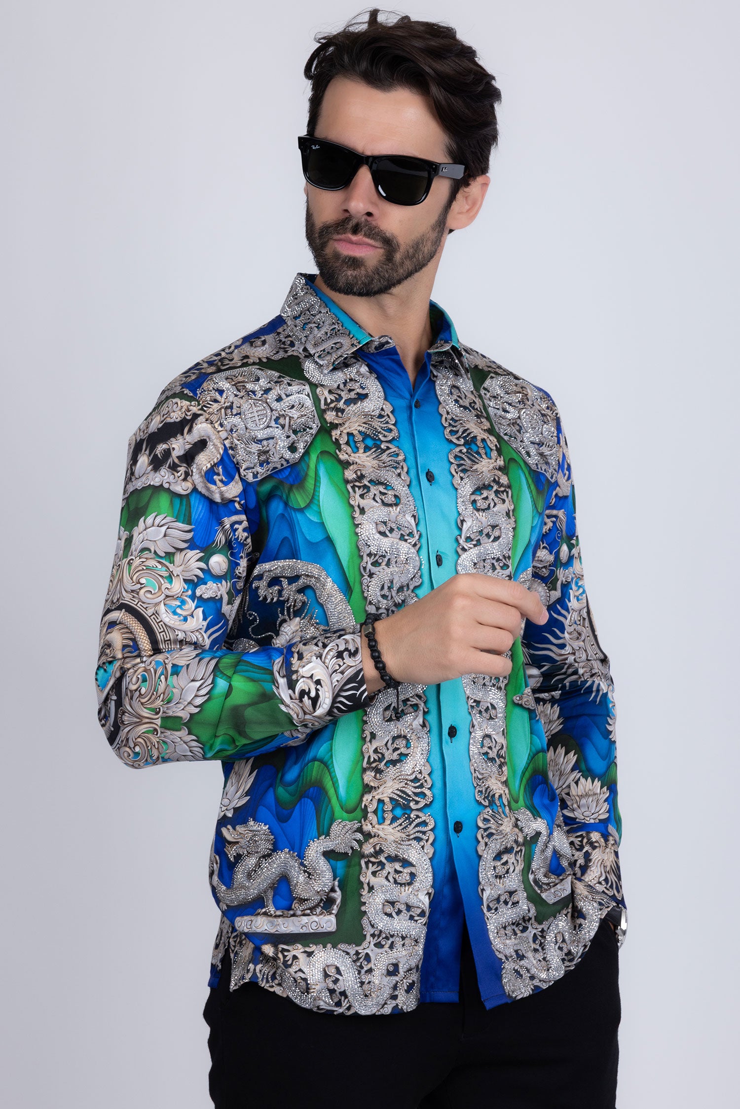 BARABAS Men's Floral Dragon Rhinestone Long Sleeve Shirts 3SPR405 Blue