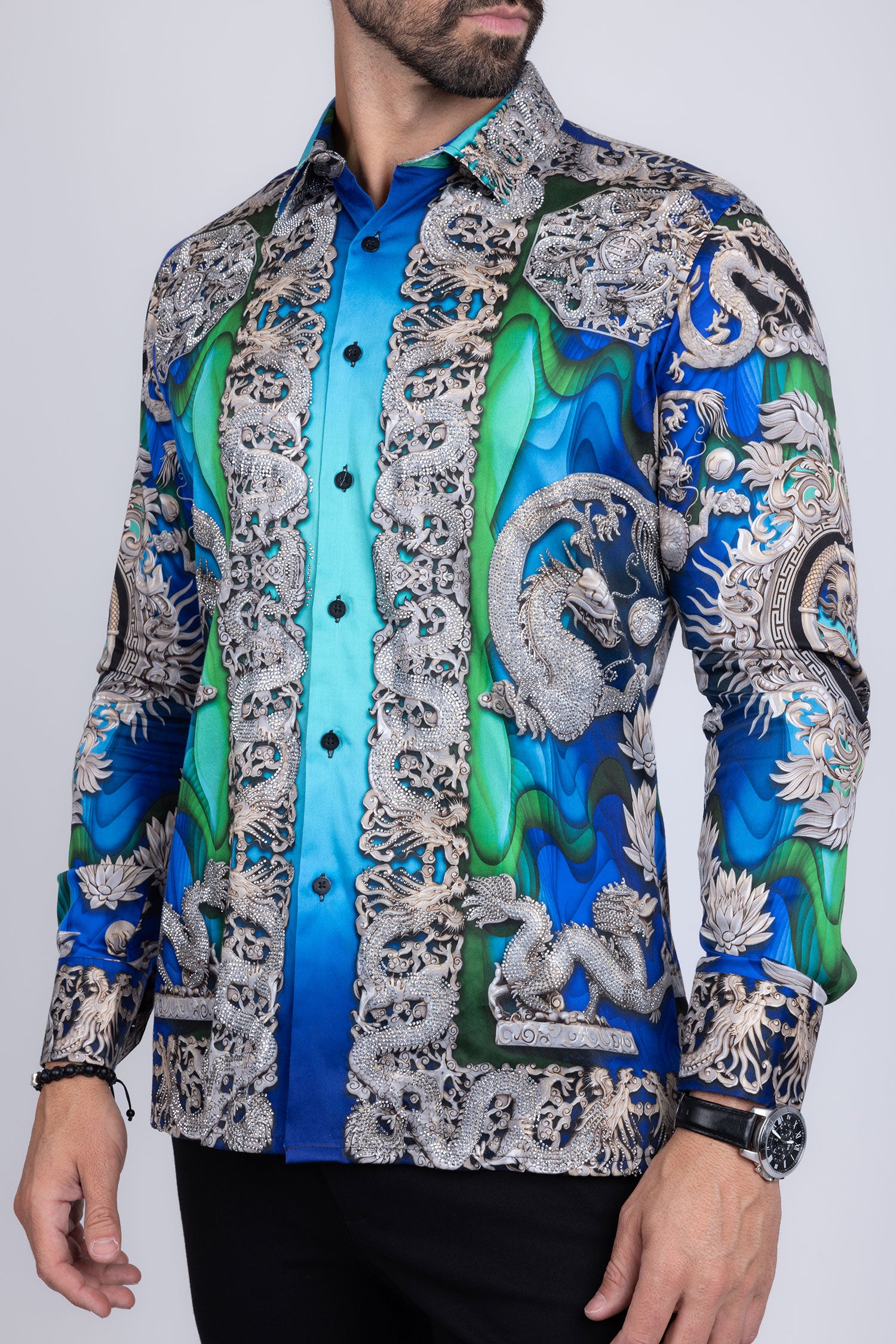 BARABAS Men's Floral Dragon Rhinestone Long Sleeve Shirts 3SPR405 Blue