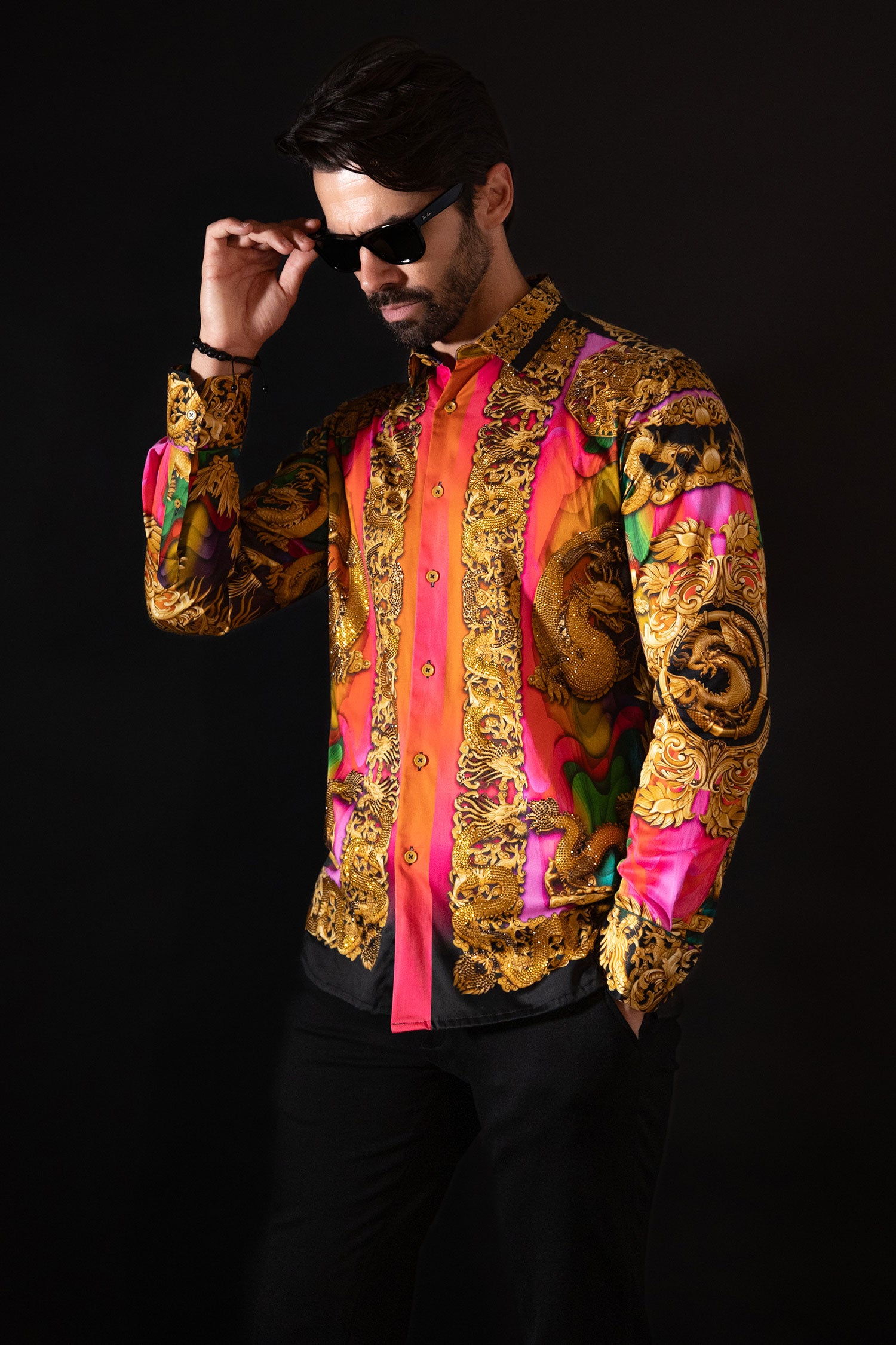 BARABAS Men's Floral Dragon Rhinestone Long Sleeve Shirts 3SPR405 Orange