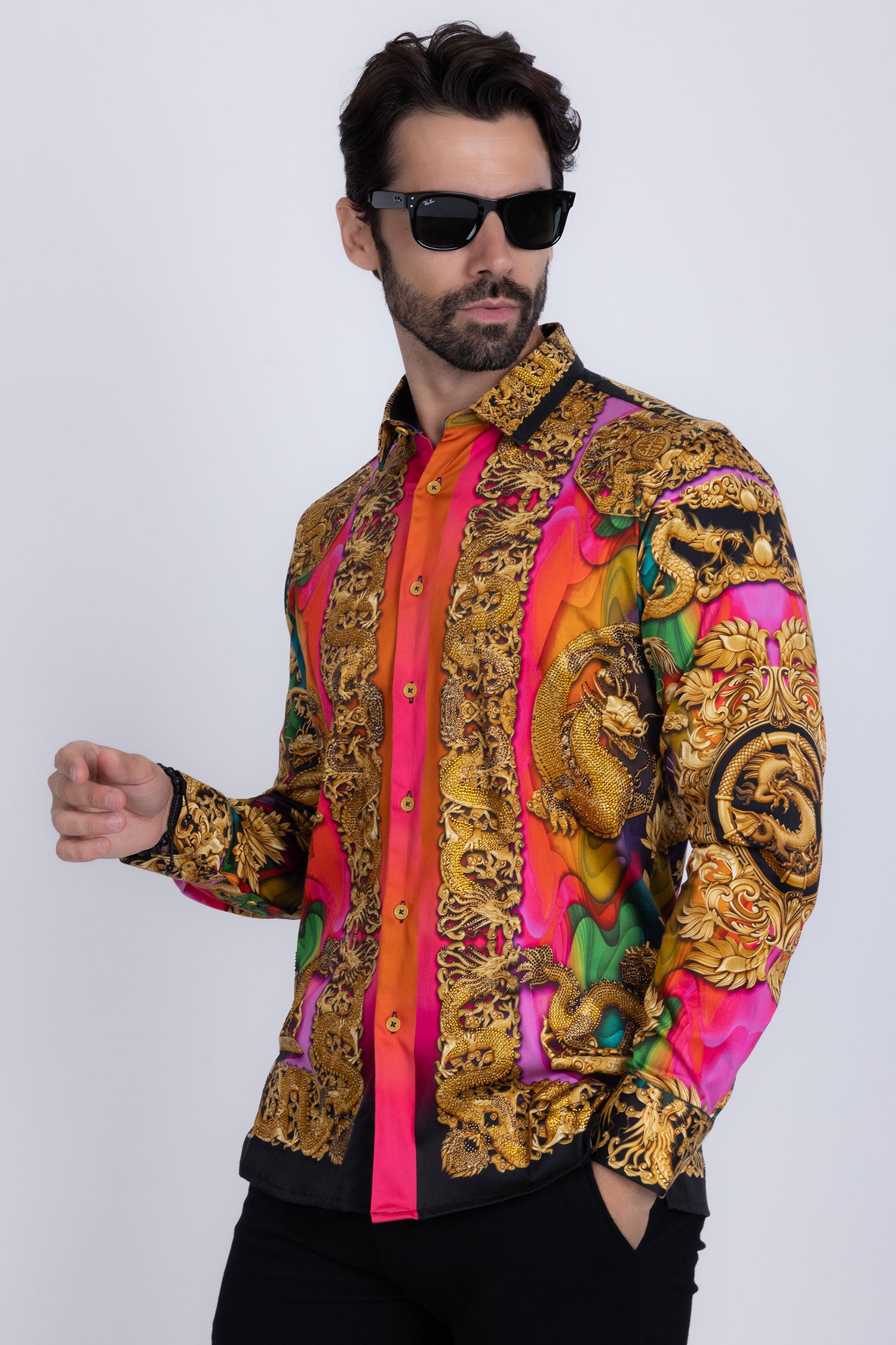 BARABAS Men's Floral Dragon Rhinestone Long Sleeve Shirts 3SPR405 Multi