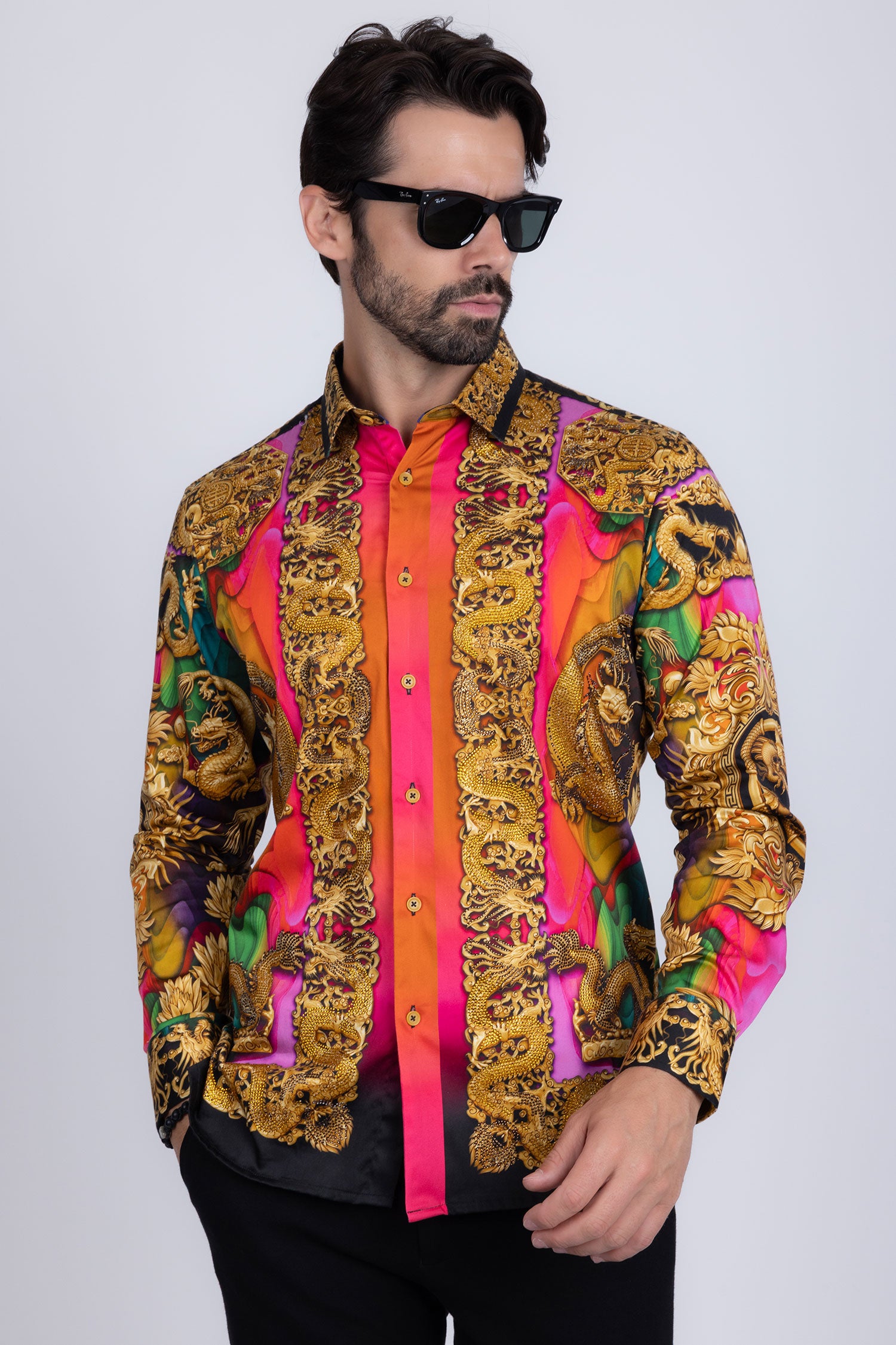 BARABAS Men's Floral Dragon Rhinestone Long Sleeve Shirts 3SPR405 Multi