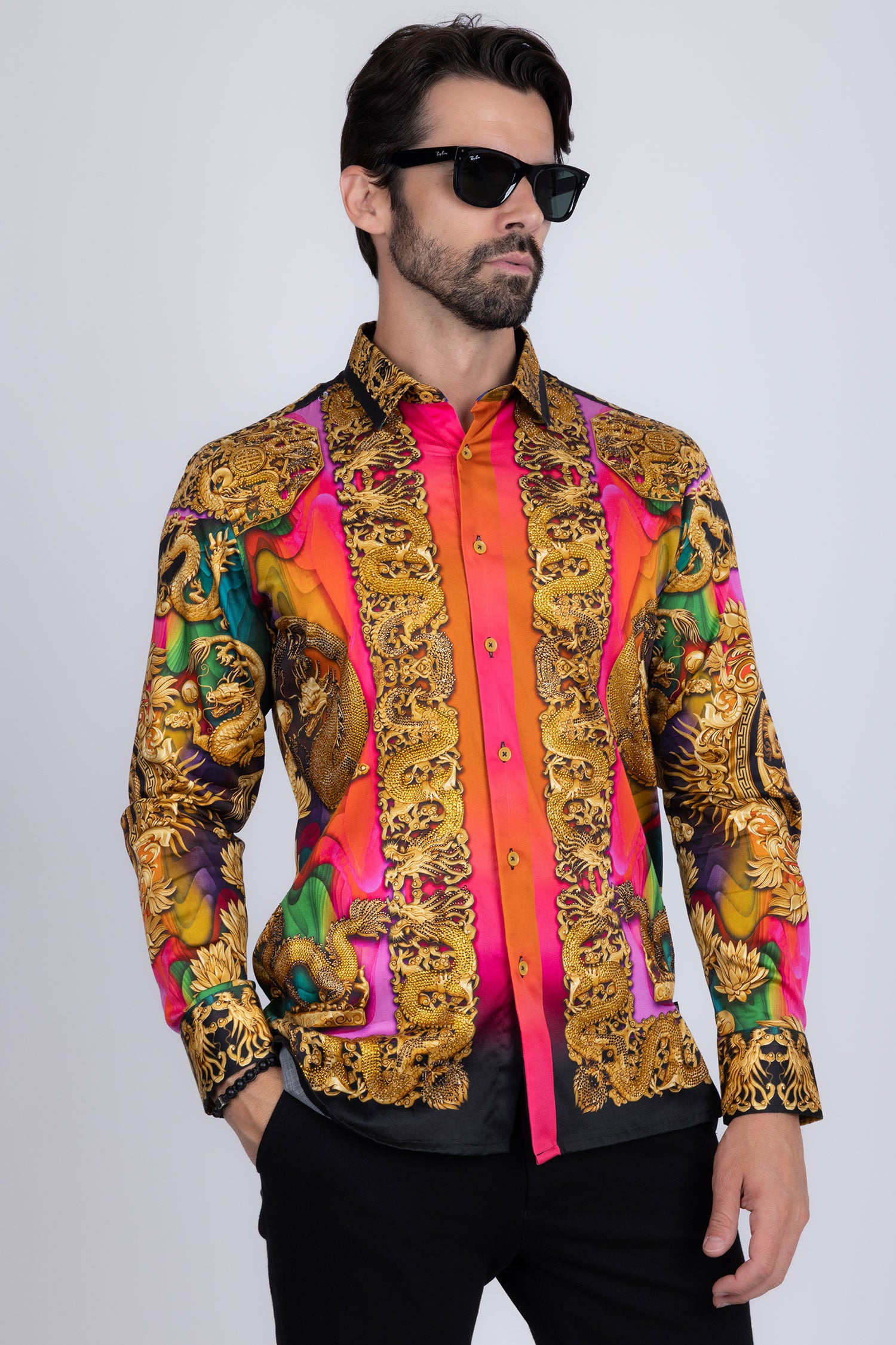 BARABAS Men's Floral Dragon Rhinestone Long Sleeve Shirts 3SPR405 Orange