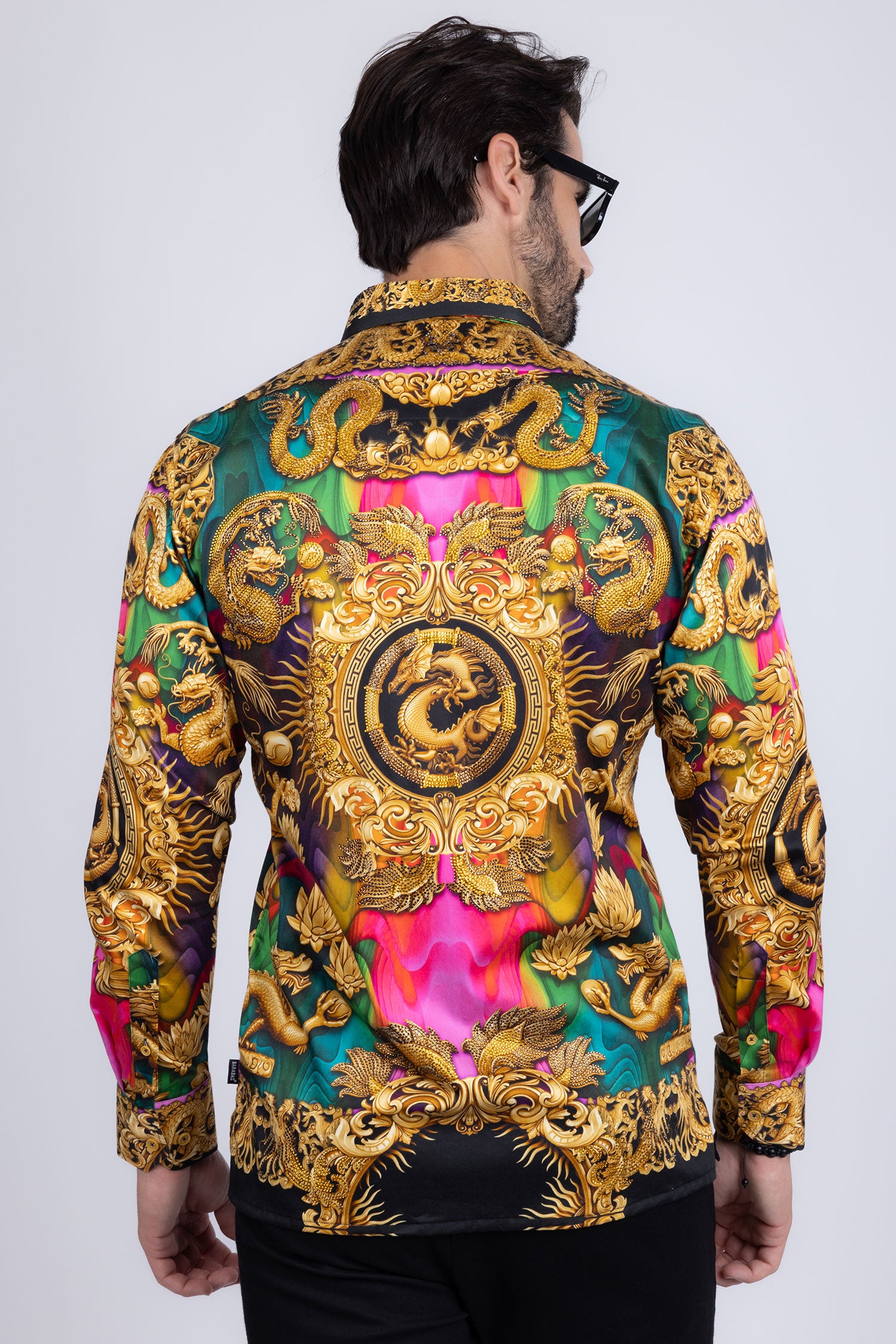 BARABAS Men's Floral Dragon Rhinestone Long Sleeve Shirts 3SPR405 Orange