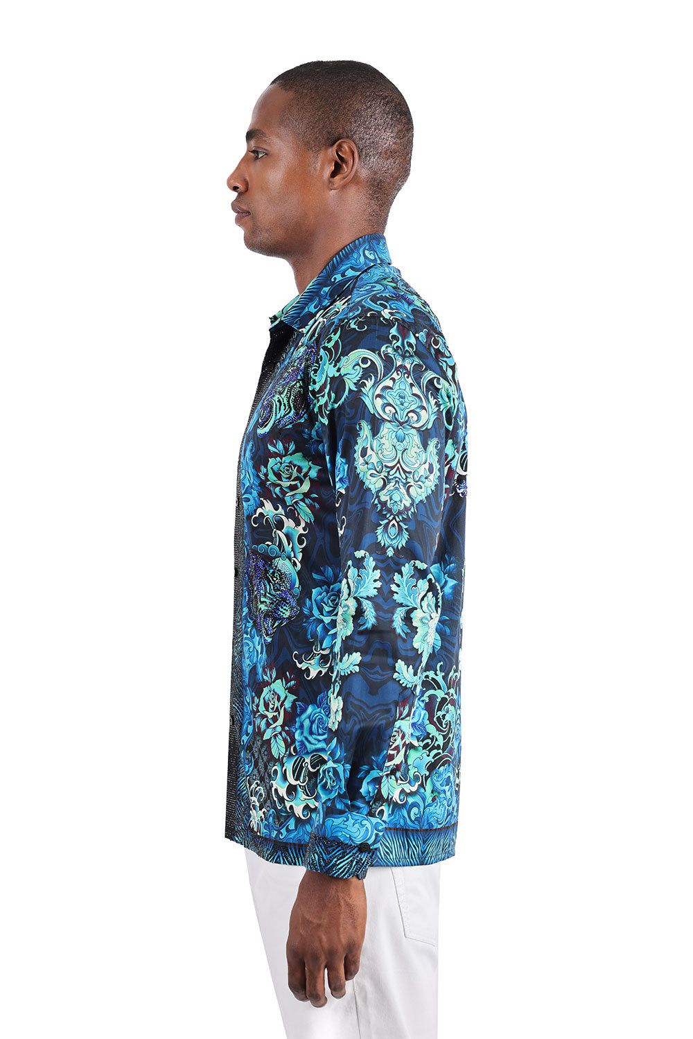 BARABAS Men's Floral Tiger Rhinestone Long Sleeve Shirts 3SPR407 Navy
