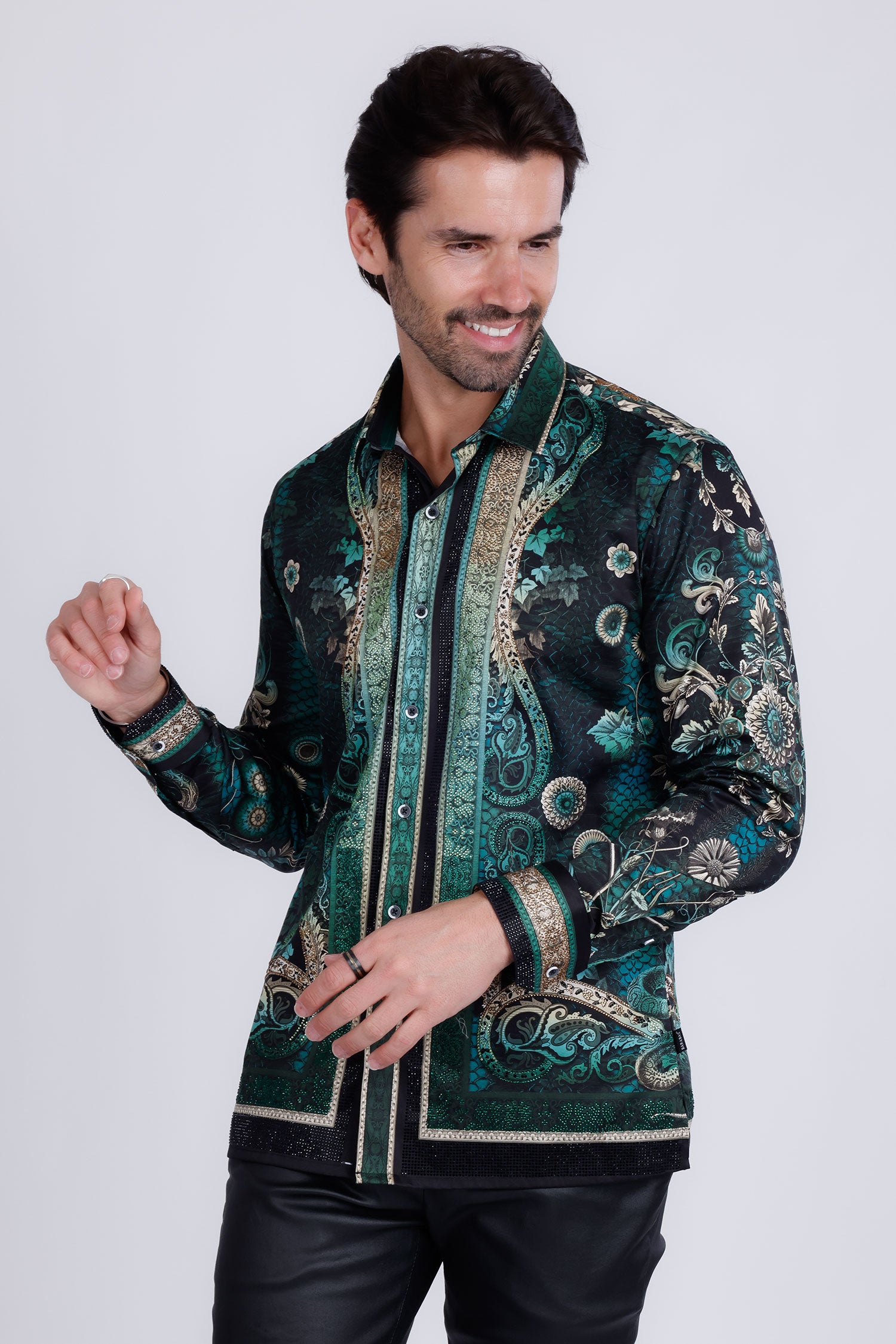BARABAS Men's Rhinestone Floral Snake Skin Long Sleeve Shirts 3SPR408 Black