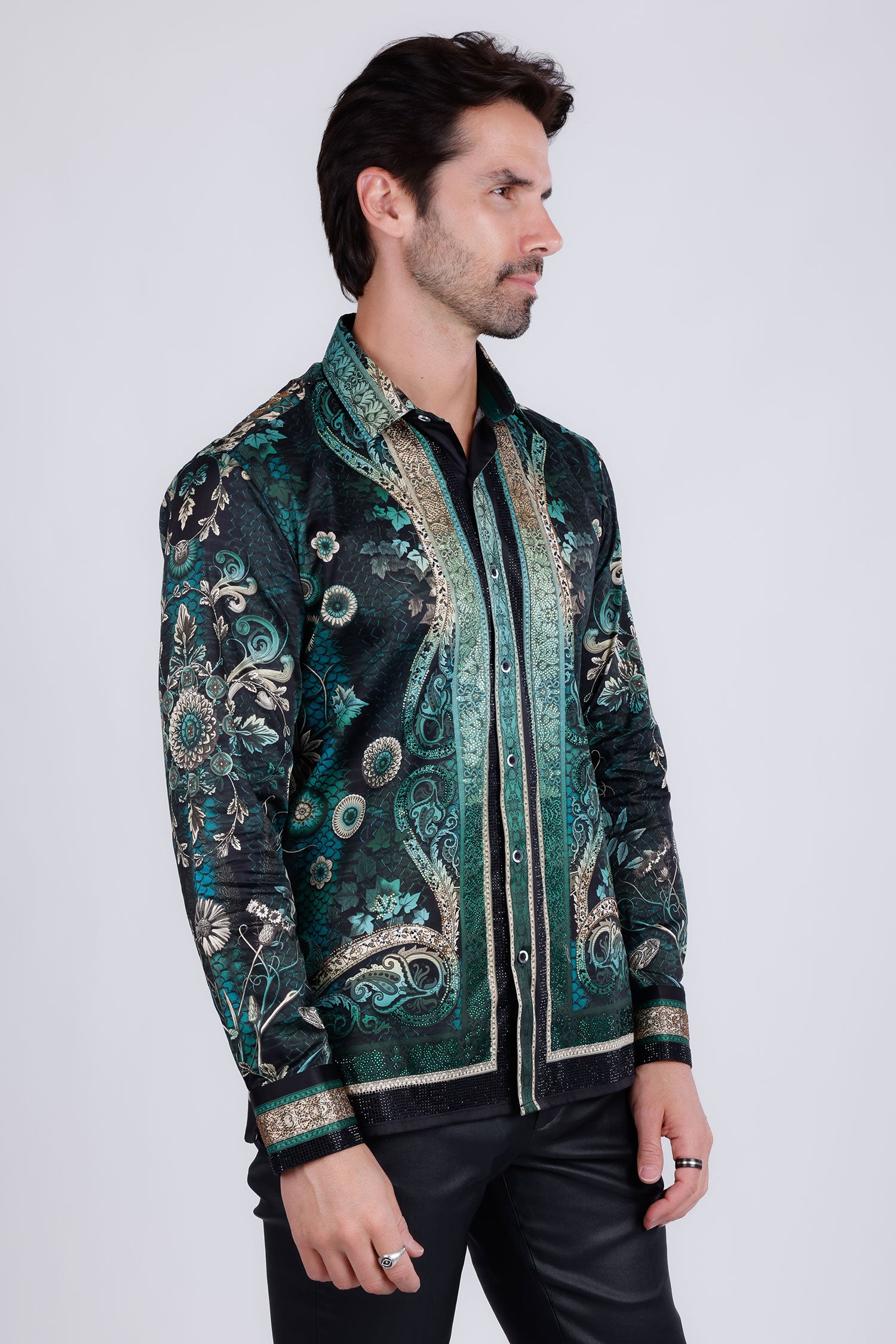 BARABAS Men's Rhinestone Floral Snake Skin Long Sleeve Shirts 3SPR408 Green
