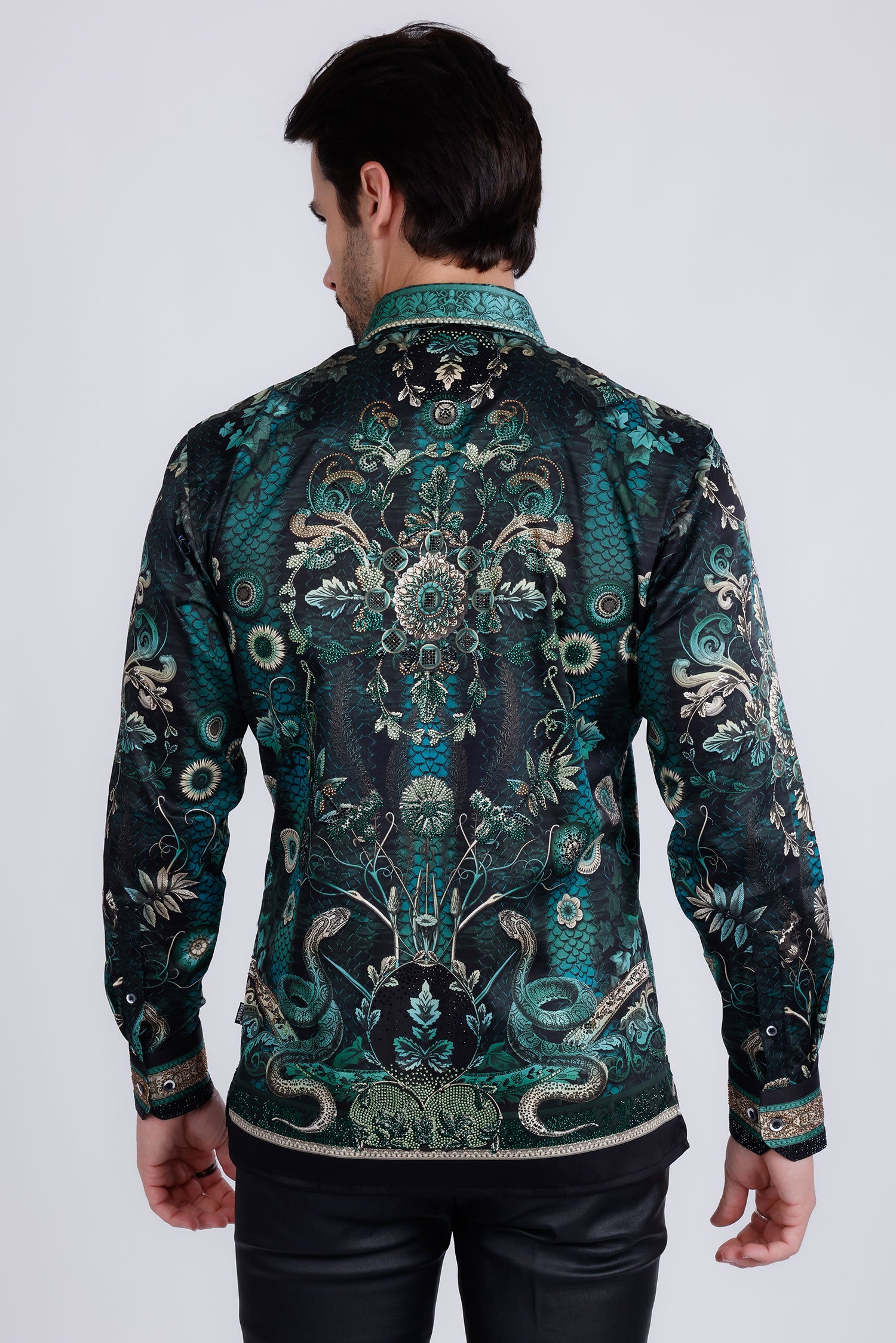BARABAS Men's Rhinestone Floral Snake Skin Long Sleeve Shirts 3SPR408 Black