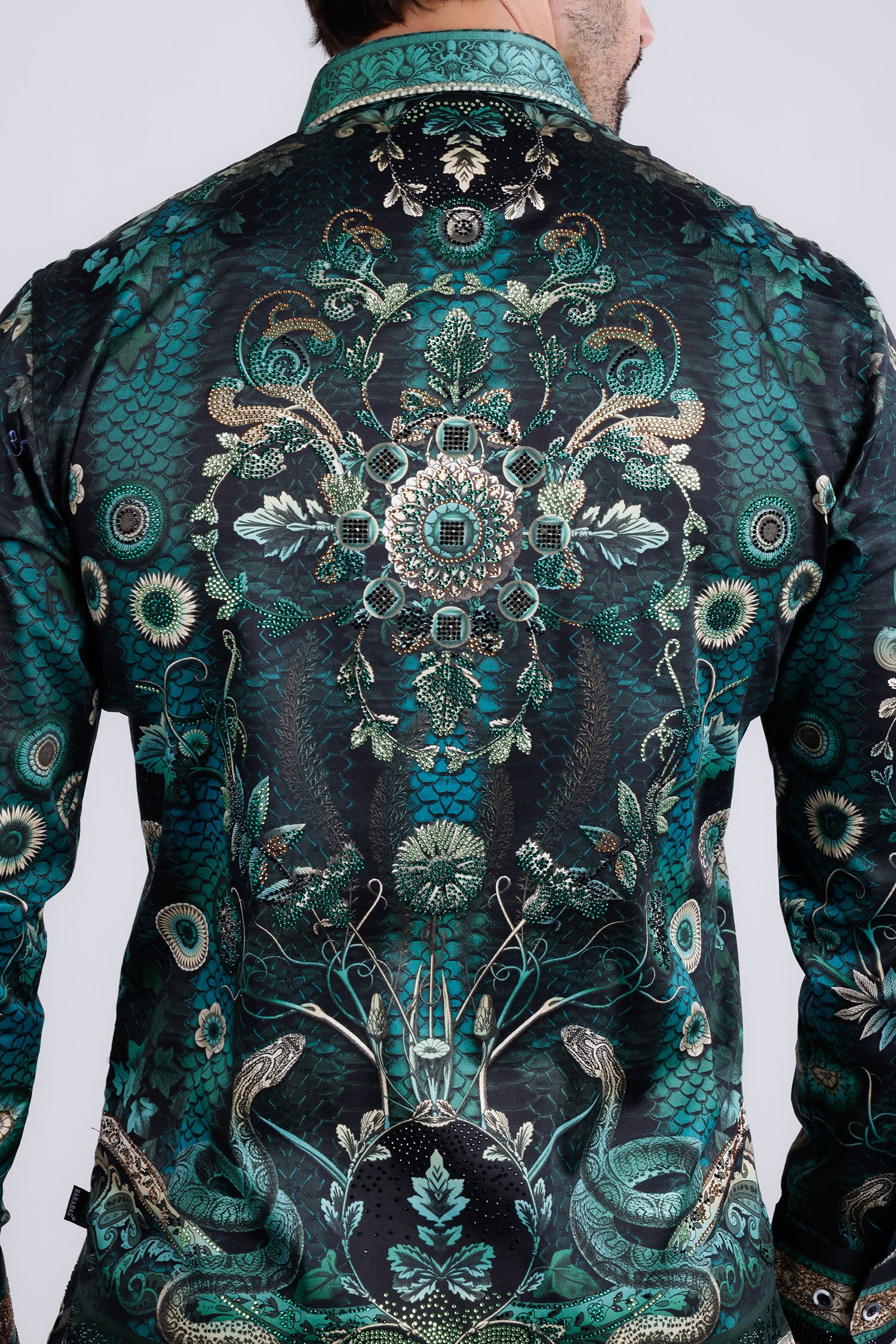 BARABAS Men's Rhinestone Floral Snake Skin Long Sleeve Shirts 3SPR408 Green