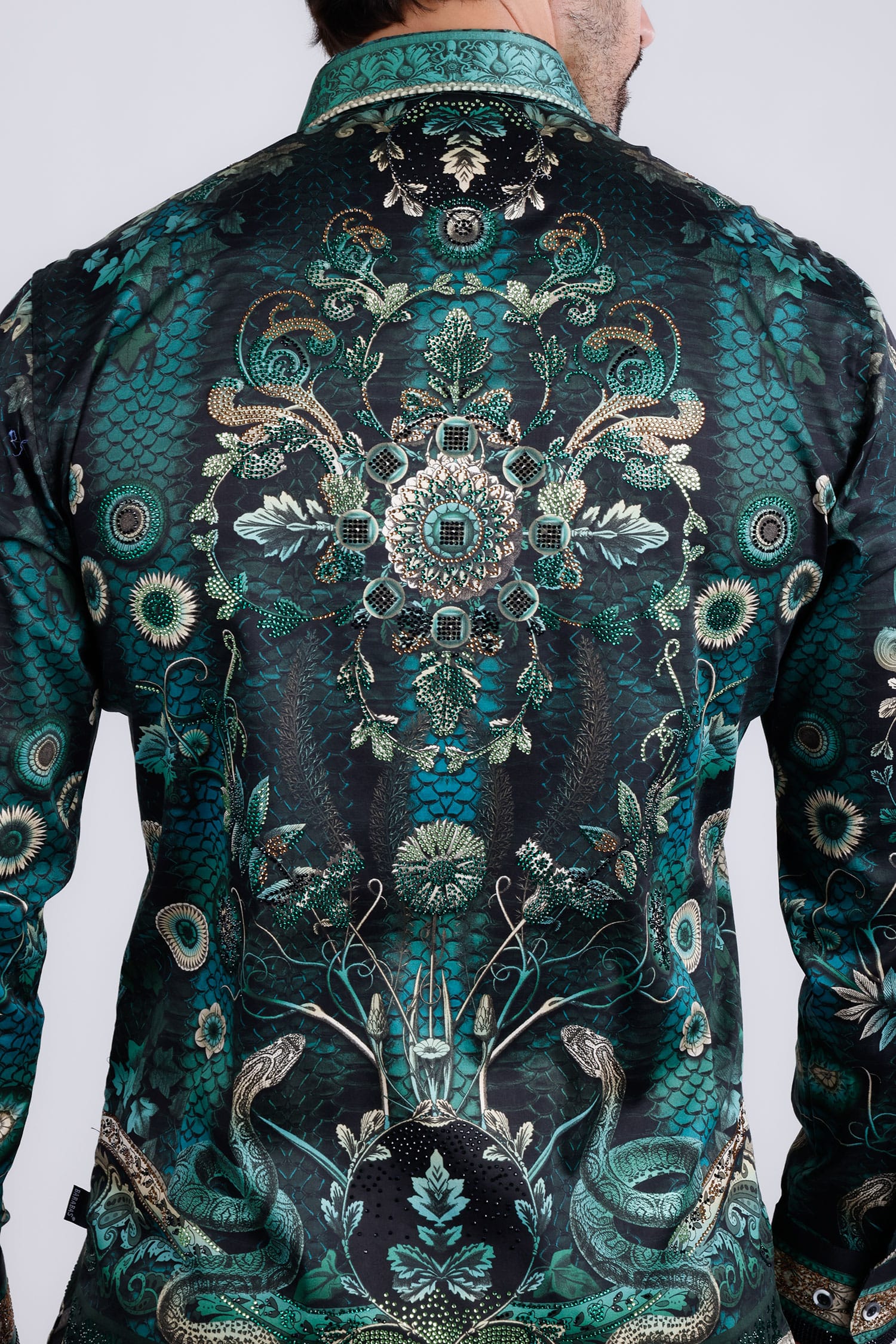 BARABAS Men's Rhinestone Floral Snake Skin Long Sleeve Shirts 3SPR408 Green