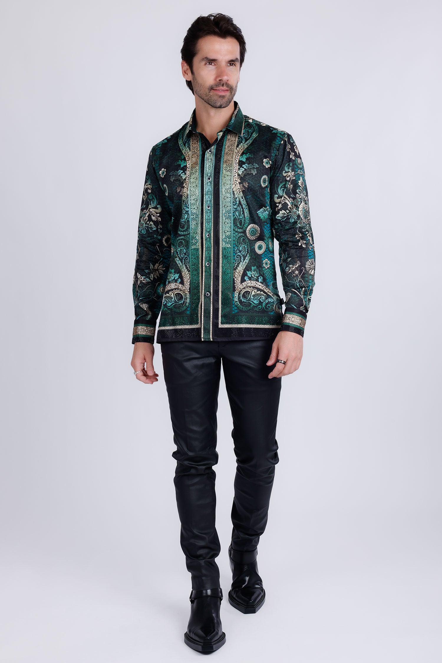 BARABAS Men's Rhinestone Floral Snake Skin Long Sleeve Shirts 3SPR408 Green Black