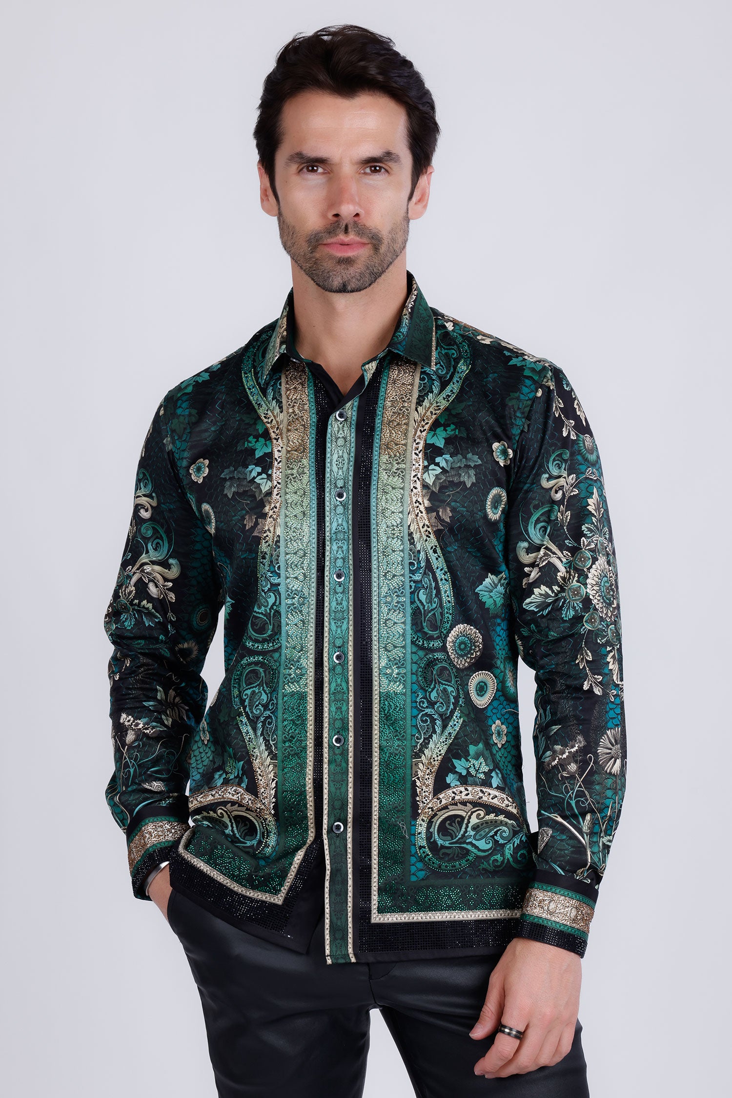 BARABAS Men's Rhinestone Floral Snake Skin Long Sleeve Shirts 3SPR408 Black