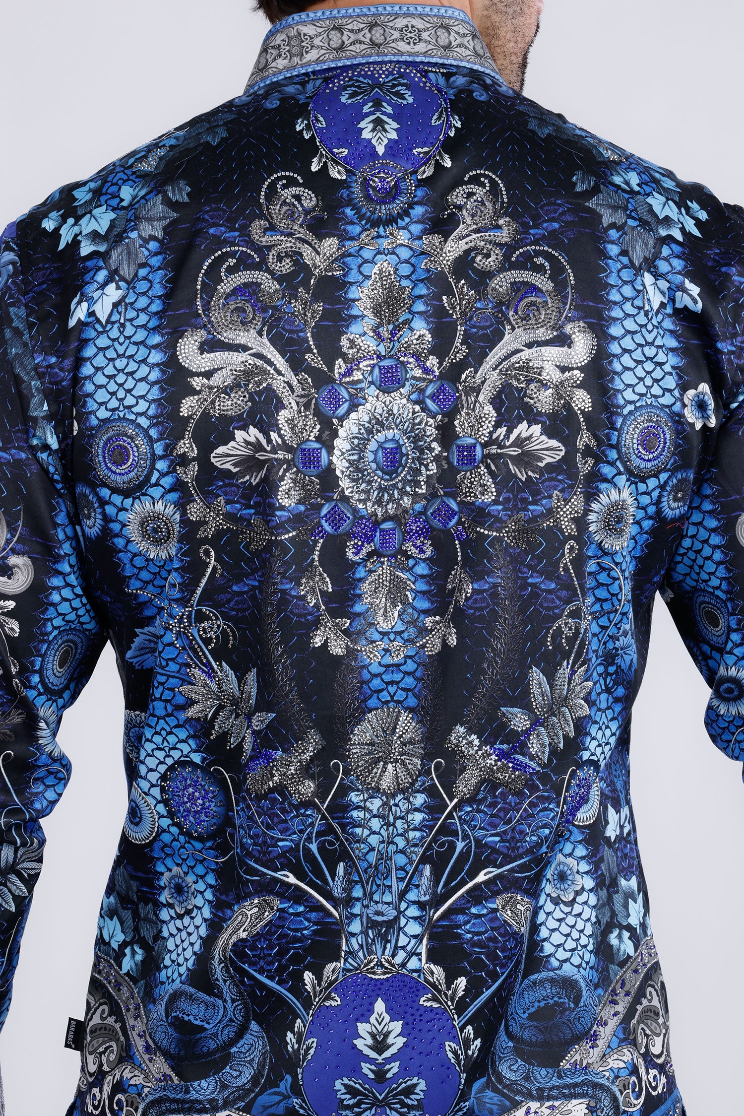 BARABAS Men's Rhinestone Floral Snake Skin Long Sleeve Shirts 3SPR408 navy