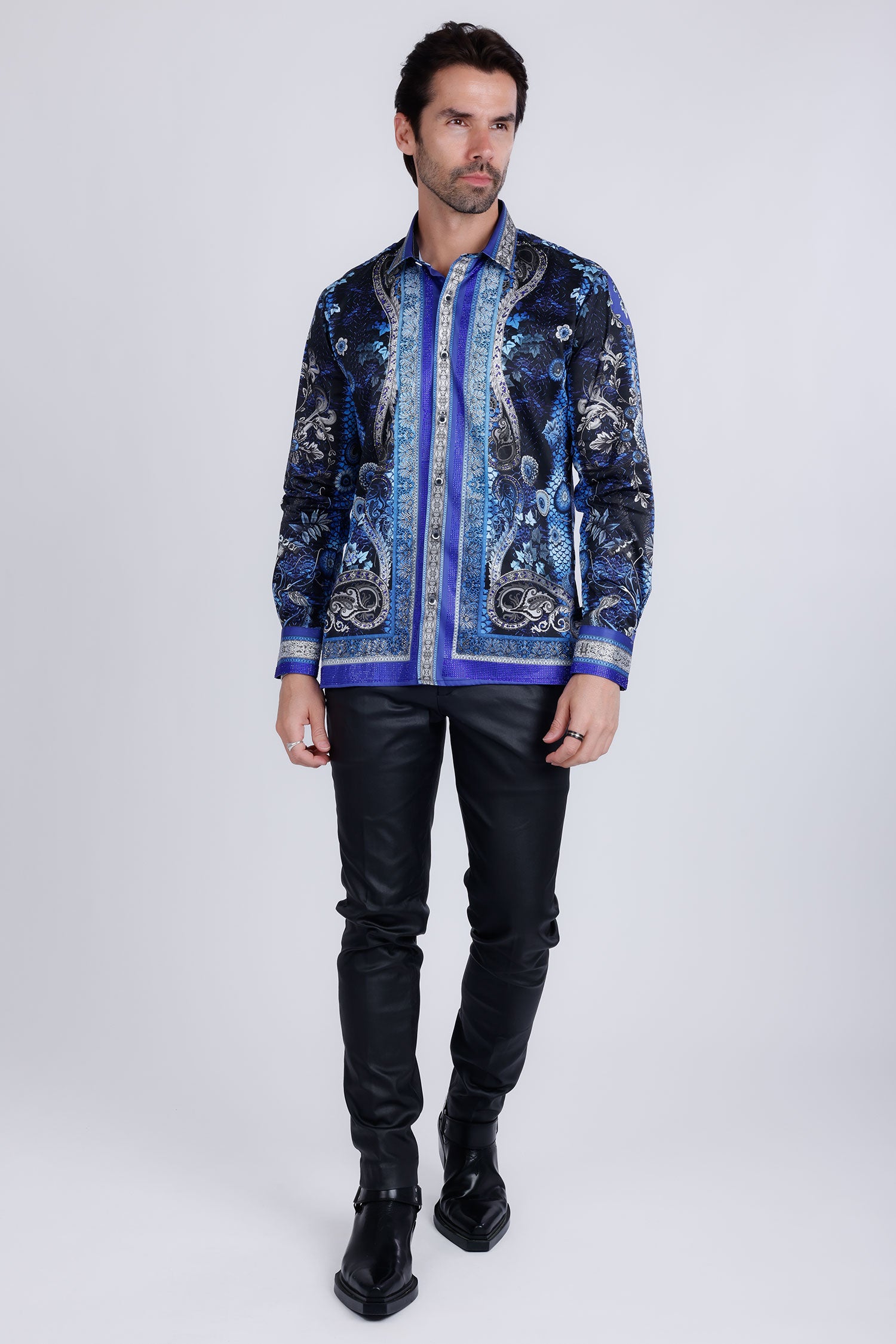 BARABAS Men's Rhinestone Floral Snake Skin Long Sleeve Shirts 3SPR408 Blue Black