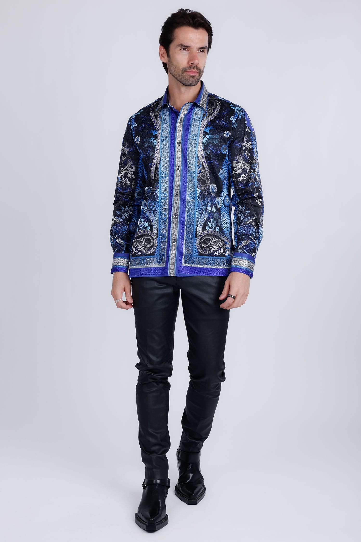 BARABAS Men's Rhinestone Floral Snake Skin Long Sleeve Shirts 3SPR408 Blue Black