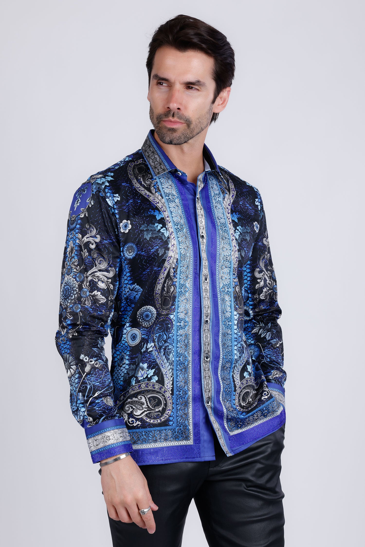 BARABAS Men's Rhinestone Floral Snake Skin Long Sleeve Shirts 3SPR408 navy