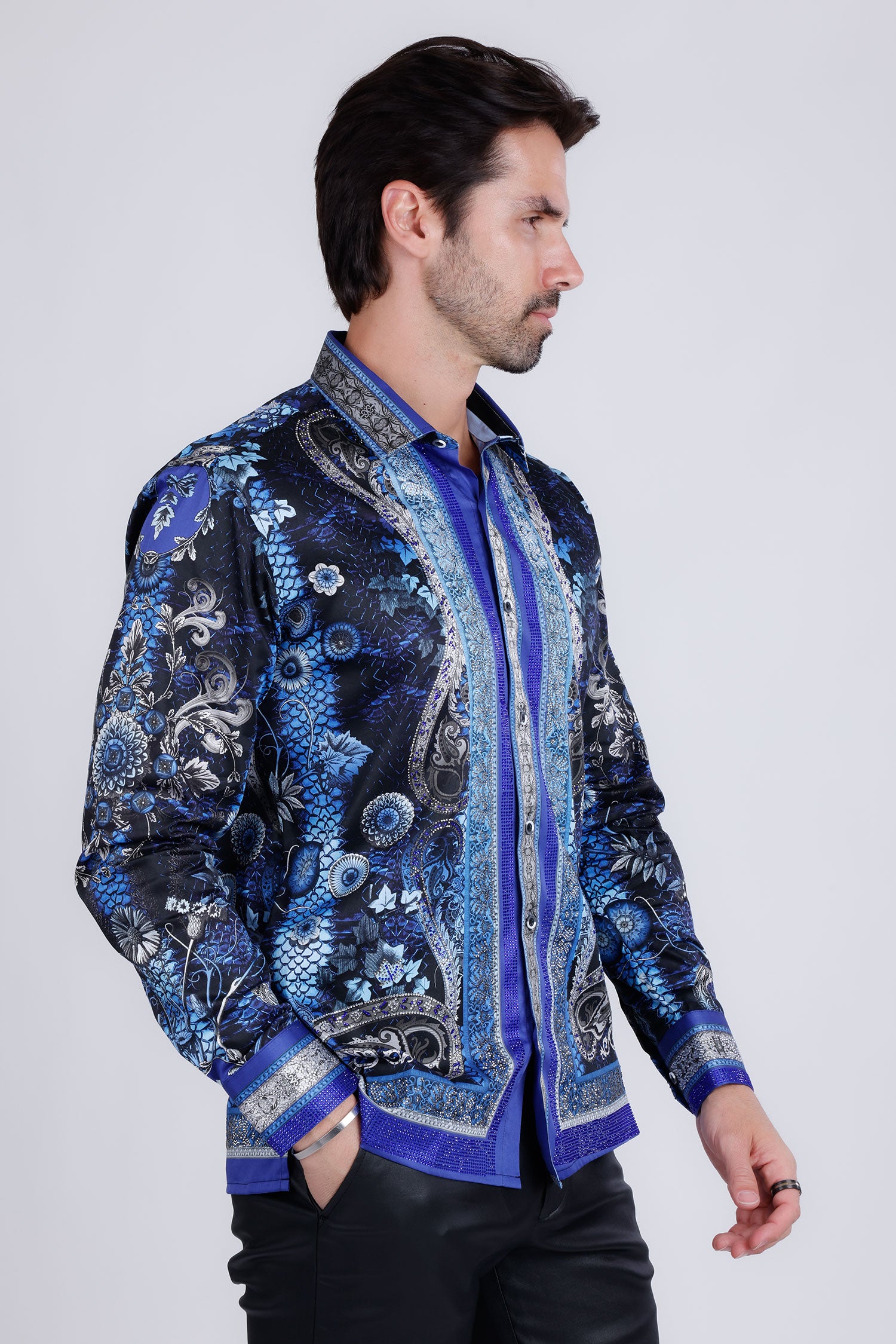 BARABAS Men's Rhinestone Floral Snake Skin Long Sleeve Shirts 3SPR408 navy