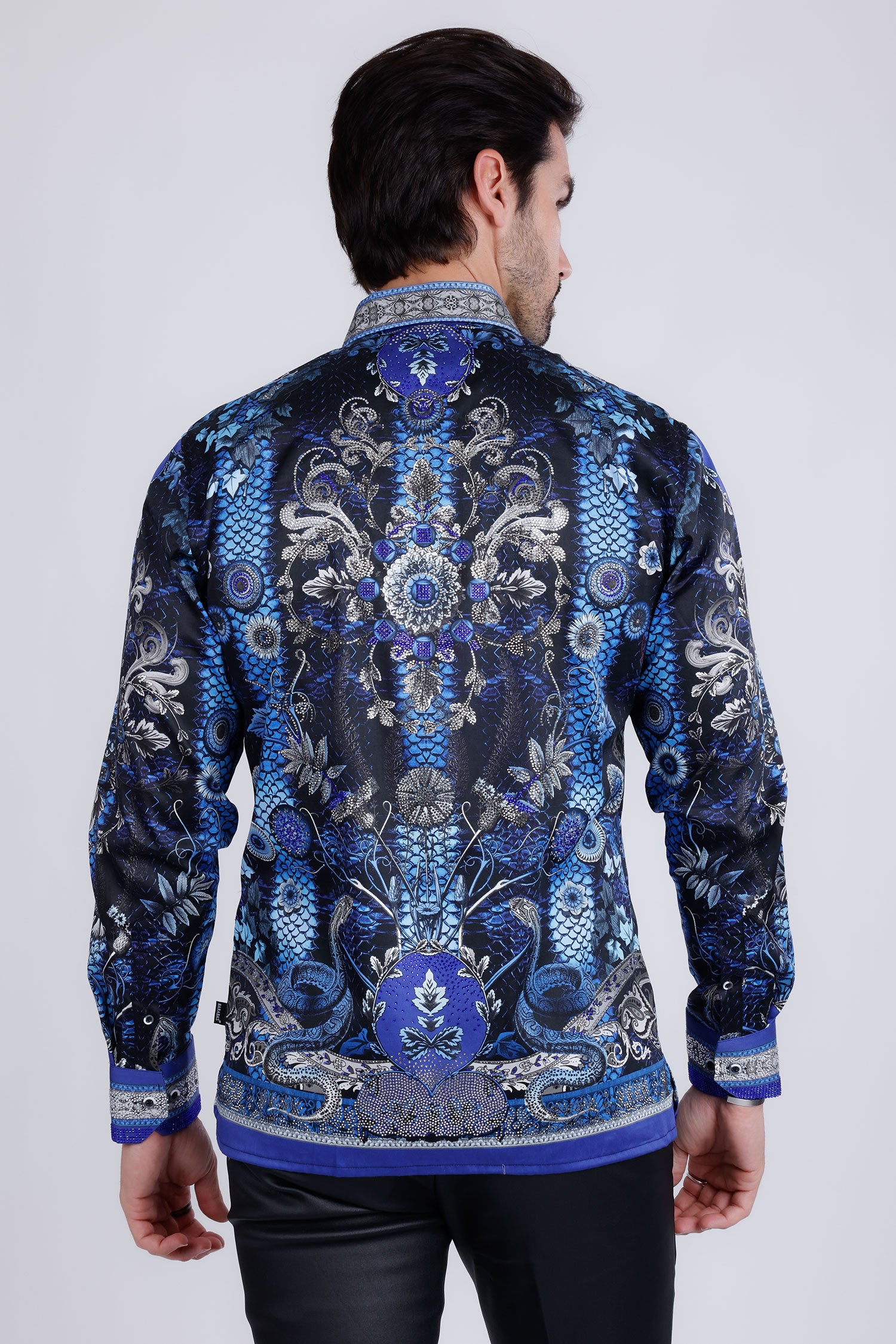 BARABAS Men's Rhinestone Floral Snake Skin Long Sleeve Shirts 3SPR408 Blue