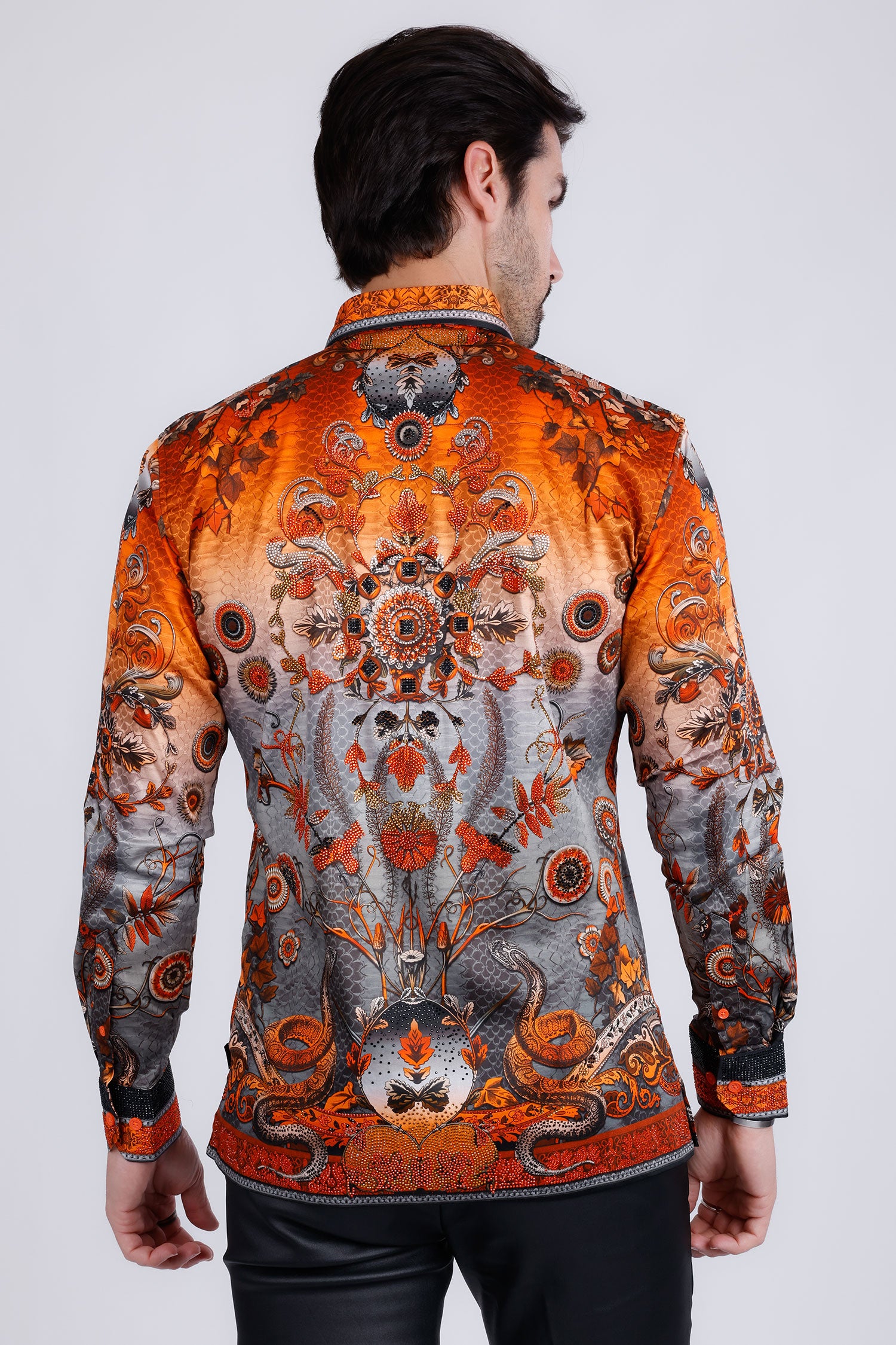BARABAS Men's Rhinestone Floral Snake Skin Long Sleeve Shirts 3SPR408 Orange