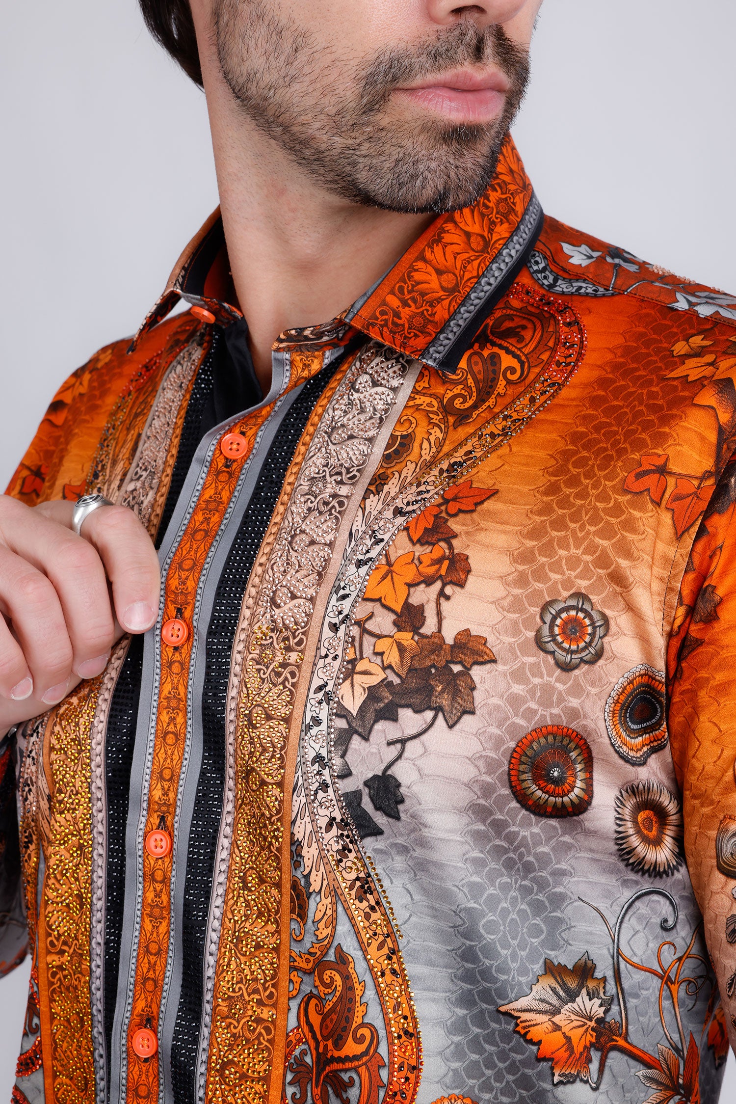 BARABAS Men's Rhinestone Floral Snake Skin Long Sleeve Shirts 3SPR408 Orange