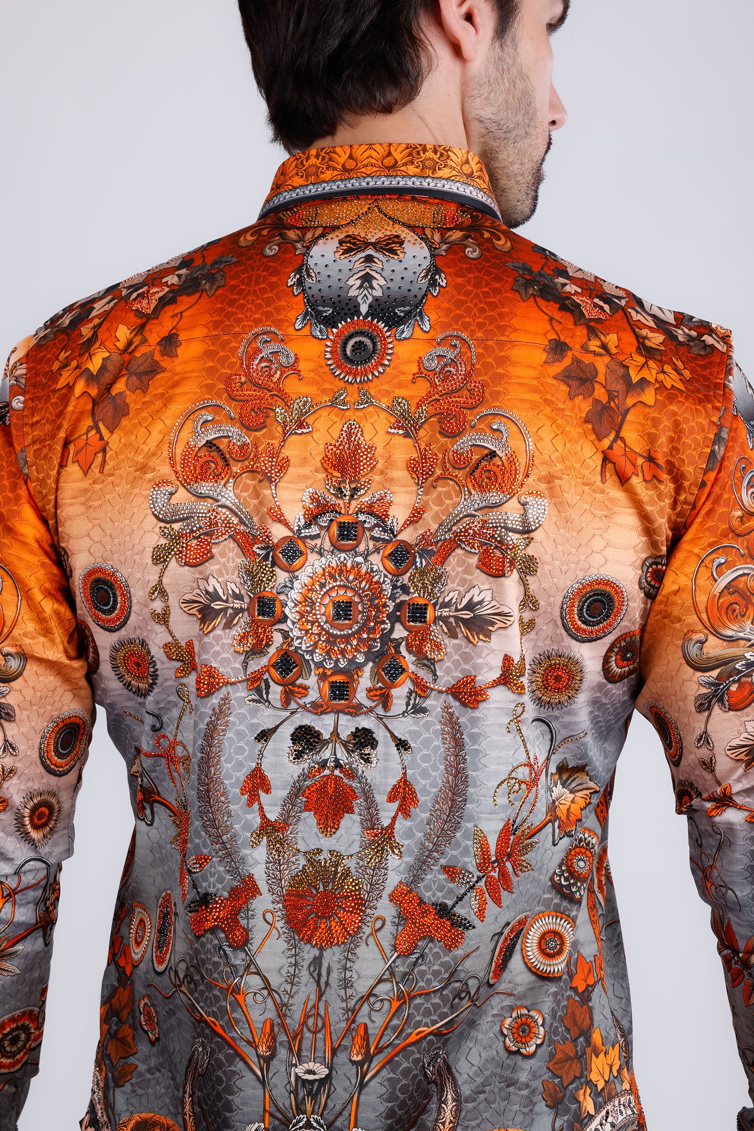BARABAS Men's Rhinestone Floral Snake Skin Long Sleeve Shirts 3SPR408 Orange