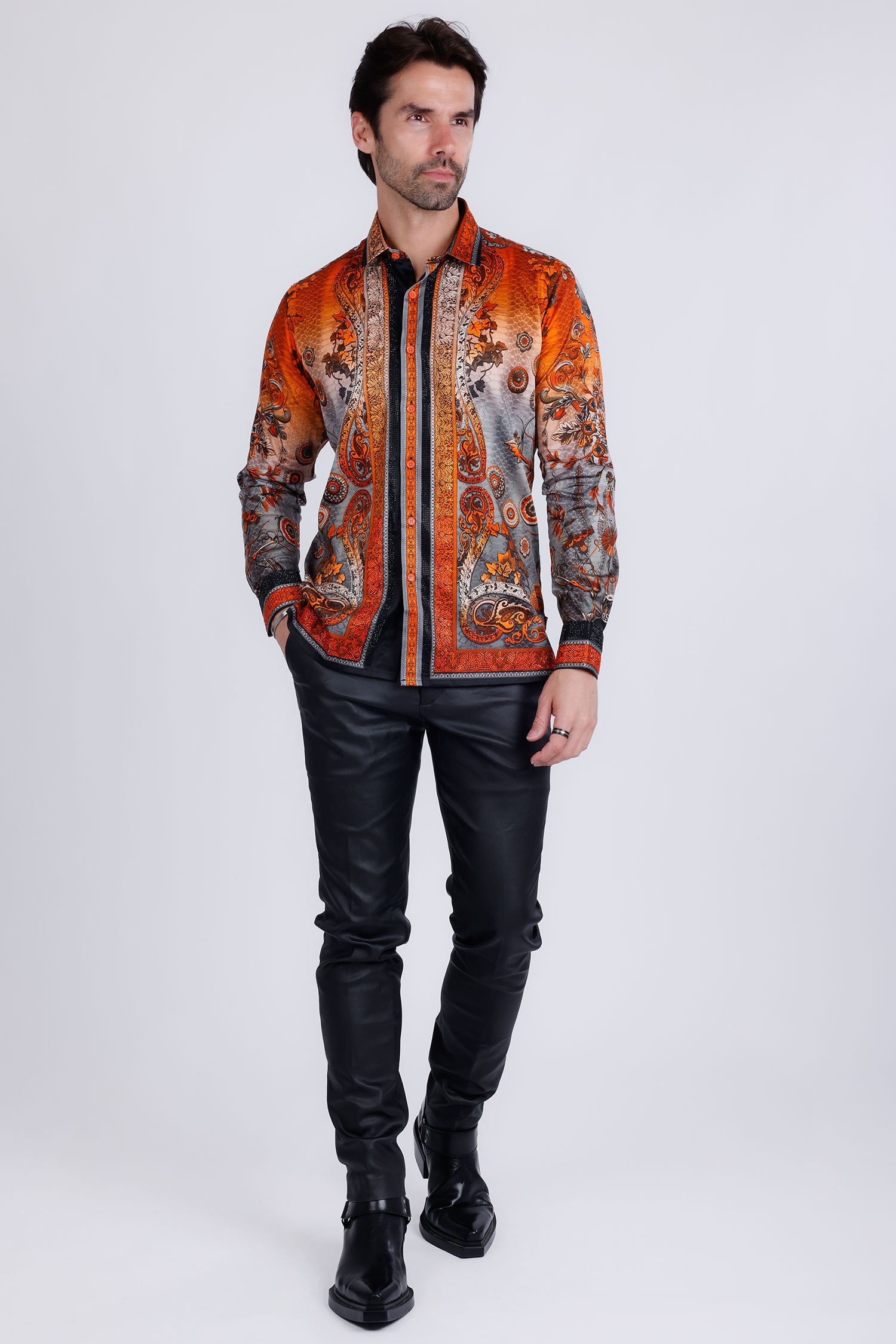 BARABAS Men's Rhinestone Floral Snake Skin Long Sleeve Shirts 3SPR408 Orange