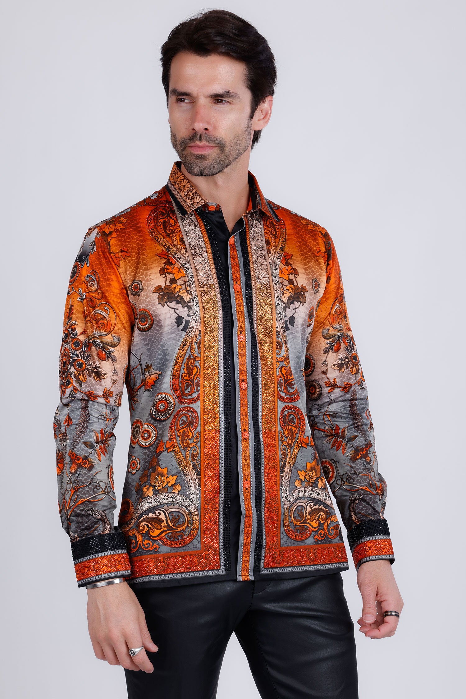 BARABAS Men's Rhinestone Floral Snake Skin Long Sleeve Shirts 3SPR408 Orange