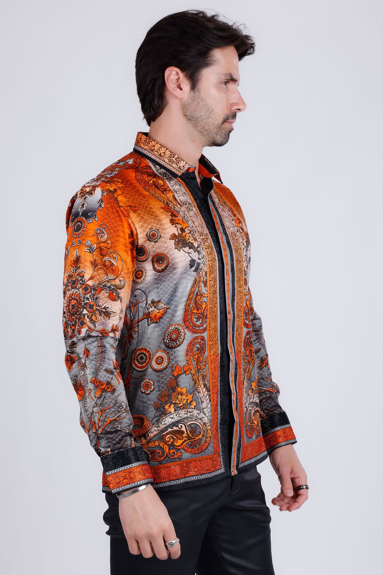 BARABAS Men's Rhinestone Floral Snake Skin Long Sleeve Shirts 3SPR408 Orange
