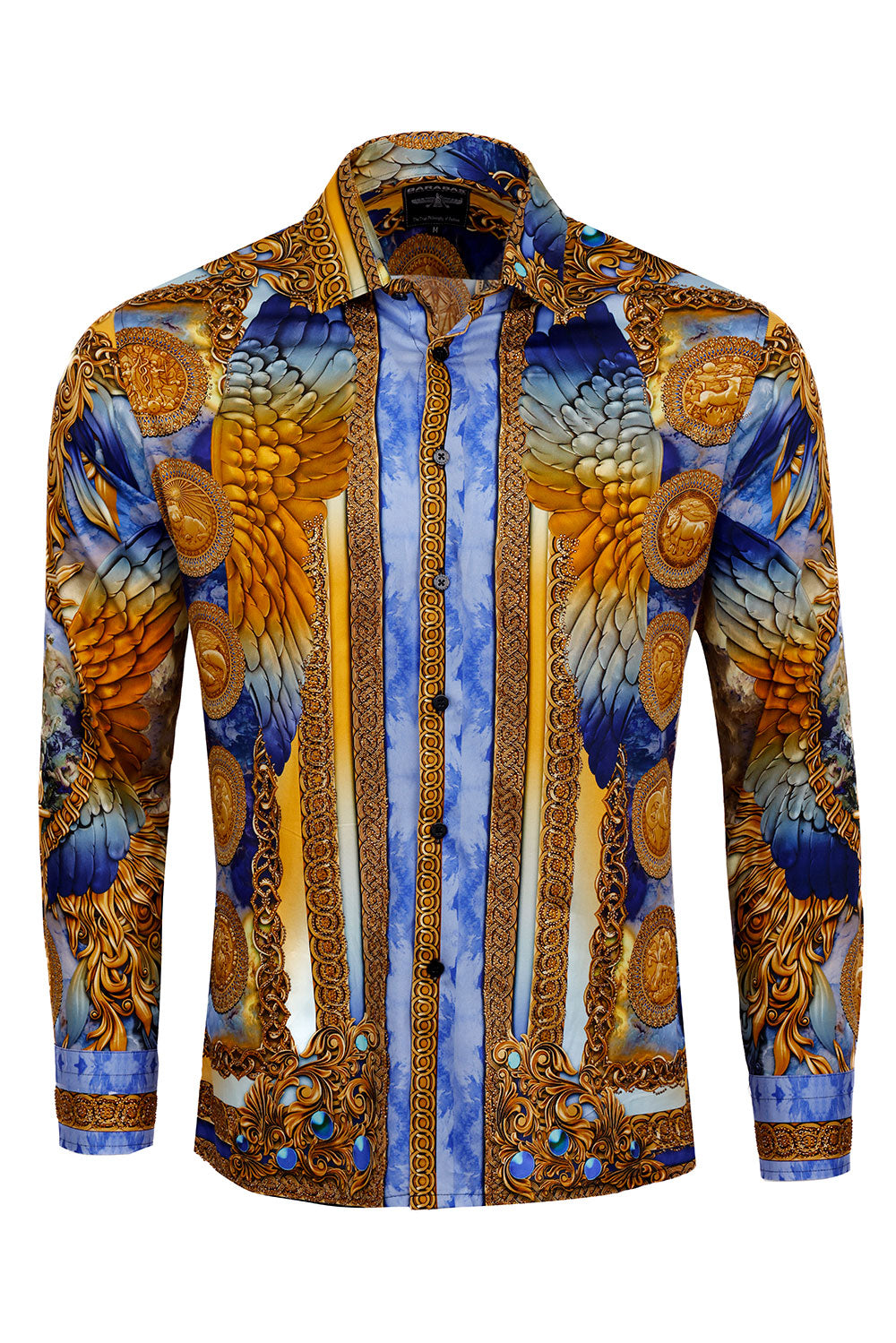 BARABAS Men's Rhinestone Angel Wings Long Sleeve Shirts 3SPR411 Blue
