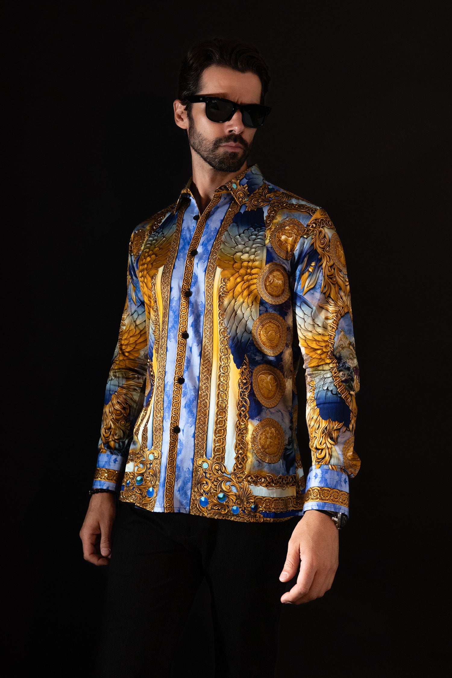 BARABAS Men's Rhinestone Angel Wings Long Sleeve Shirts 3SPR411 Blue