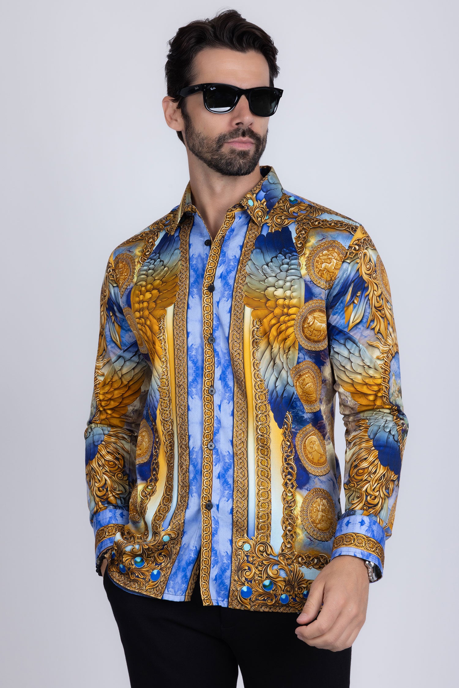BARABAS Men's Rhinestone Angel Wings Long Sleeve Shirts 3SPR411 Blue