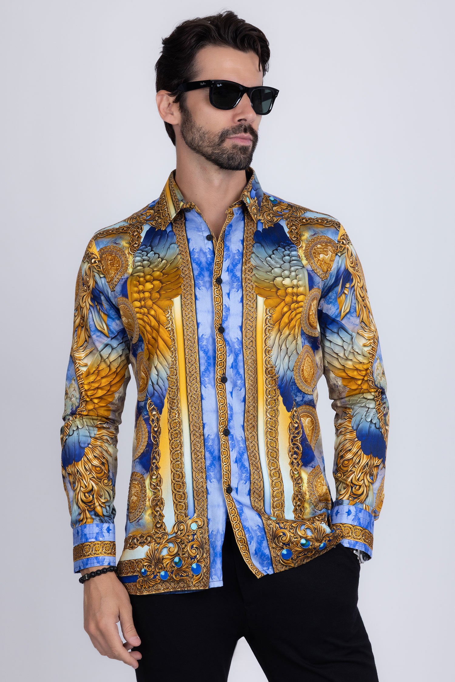 BARABAS Men's Rhinestone Angel Wings Long Sleeve Shirts 3SPR411 Blue