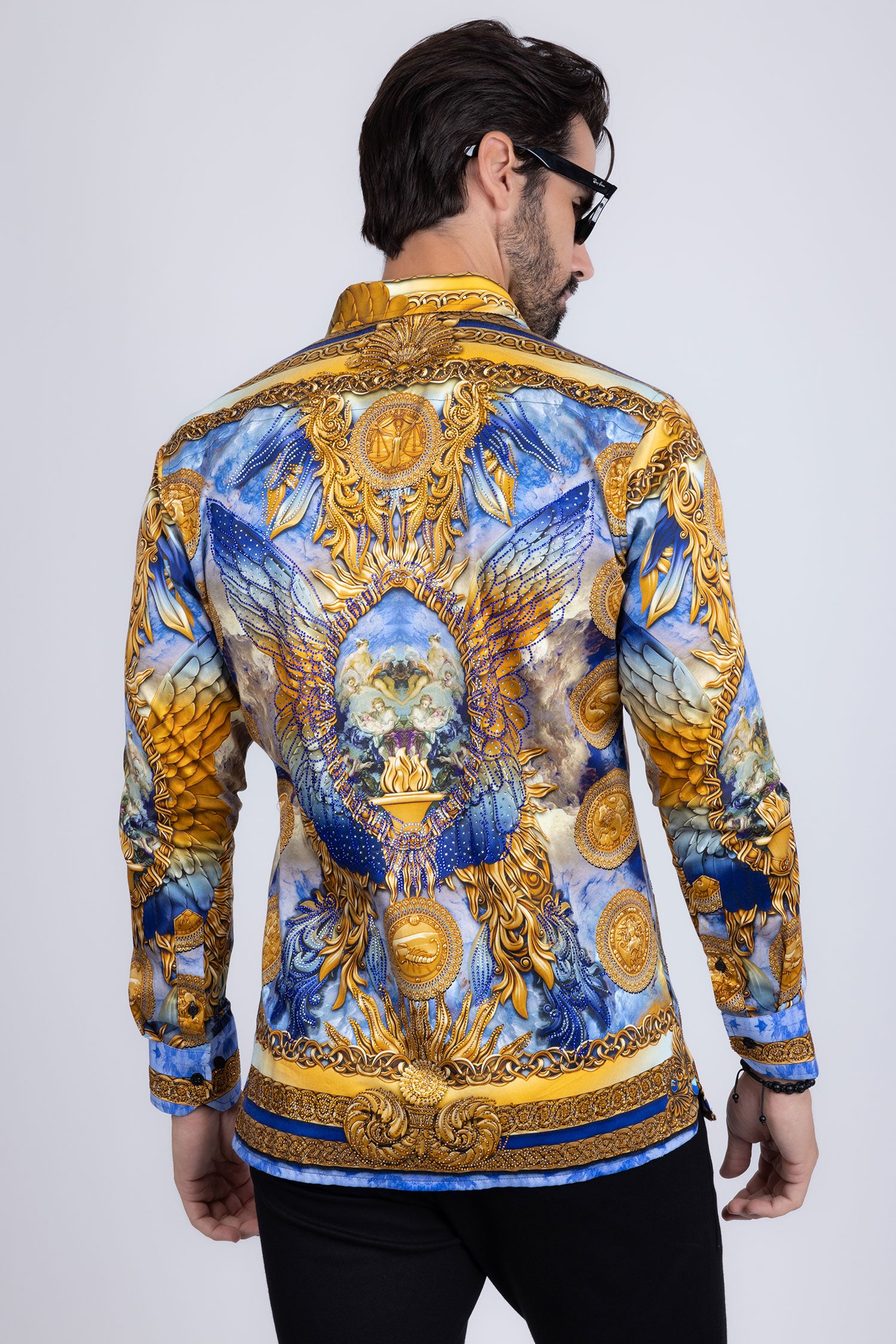 BARABAS Men's Rhinestone Angel Wings Long Sleeve Shirts 3SPR411 Blue