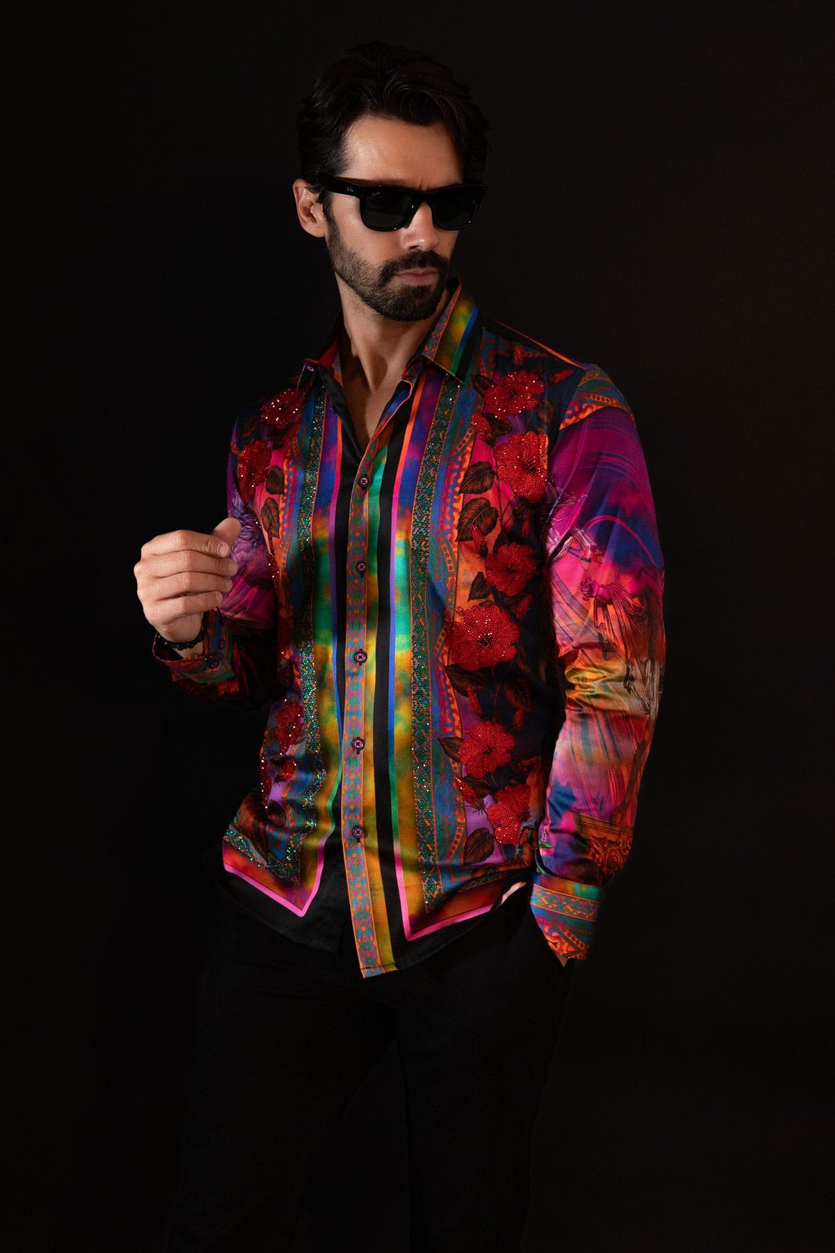BARABAS Men's Rhinestone Horse StatueFloral Long Sleeve Shirt 3SPR412 Multi