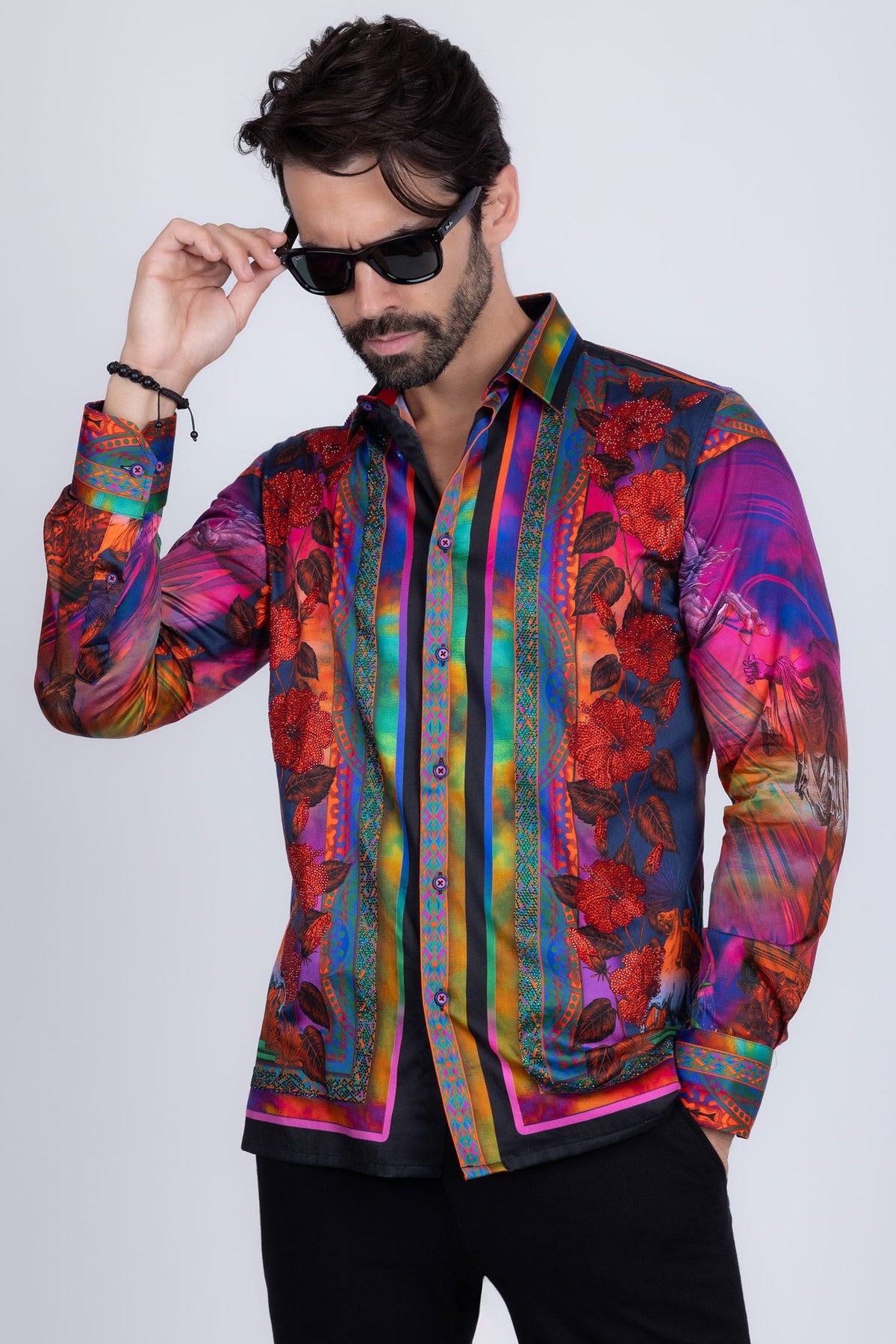 BARABAS Men's Rhinestone Horse StatueFloral Long Sleeve Shirt 3SPR412 Multi