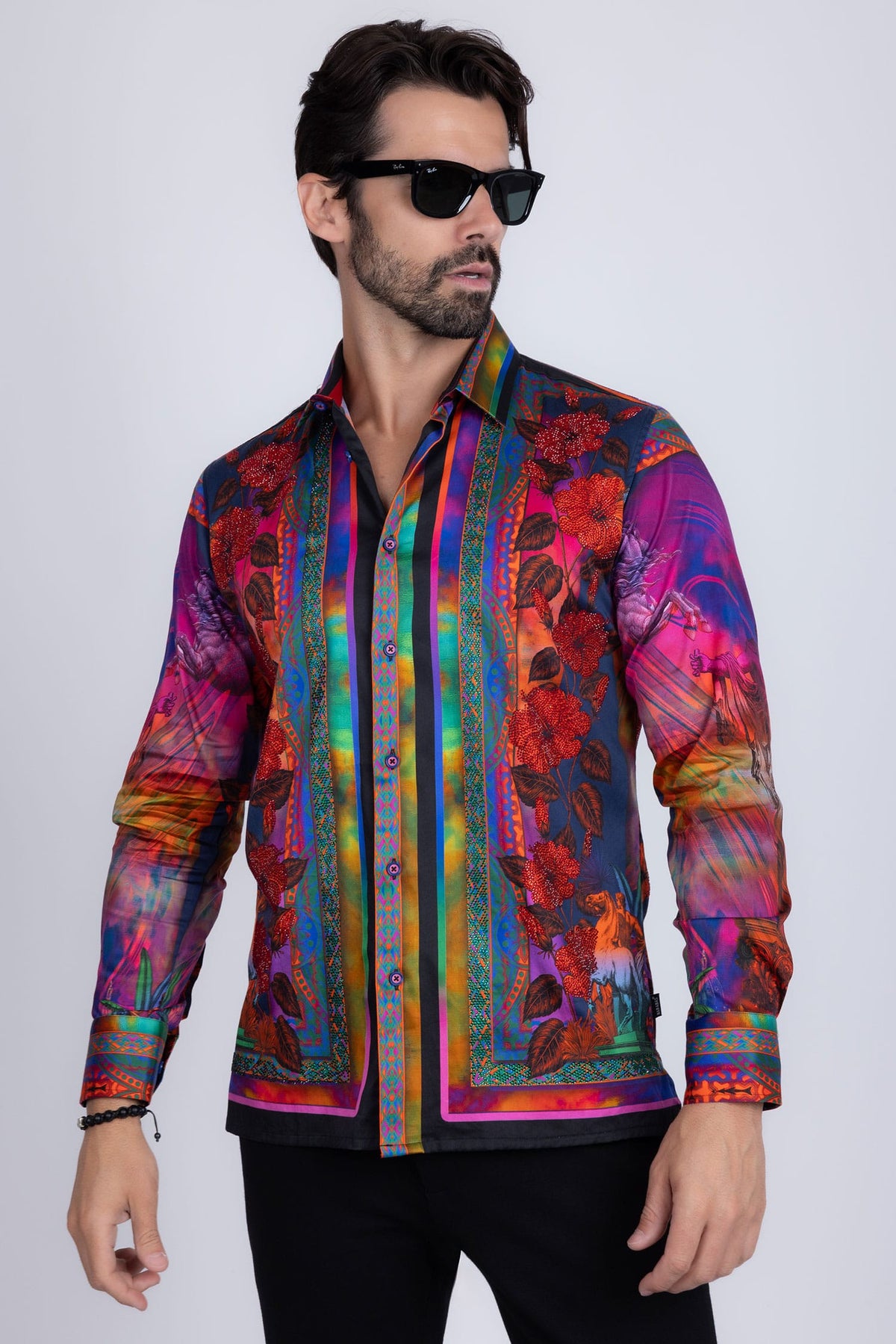 BARABAS Men's Rhinestone Horse StatueFloral Long Sleeve Shirt 3SPR412 Multi